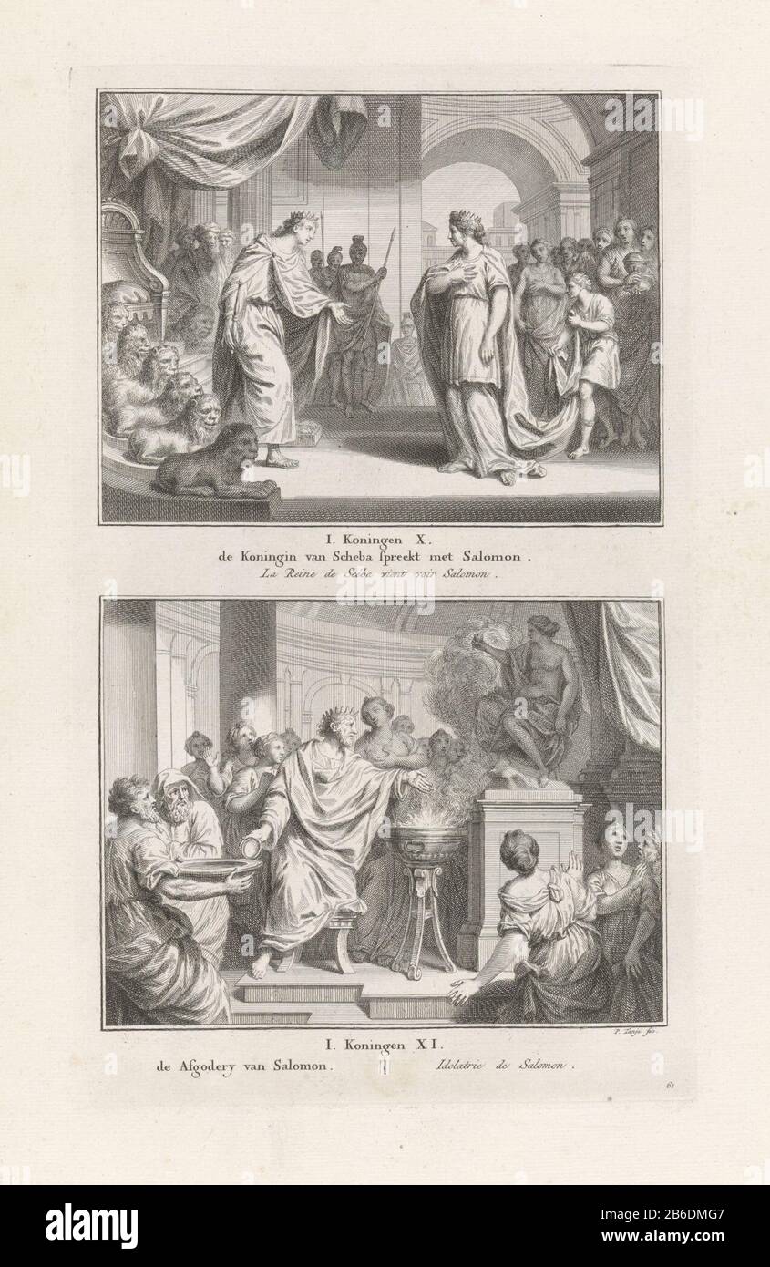 Visite de l'idolâtrie de la Reine de Séba Solomon La reine de Séba parle avec Salomon () de l'afgodery Solomon () (titre objet) deux histoires bibliques. Ci-dessus : le roi Salomon représente son trône et souhaite la bienvenue à la reine de Séba. Ci-dessous: L'influence de ses épouses païennes Salomon apporte un sacrifice à un idole. Parmi les représentations, une référence aux textes bibliques et aux titres en néerlandais et en Frans. Fabricant : printmaker Pieter Tanjé (propriété cotée) Lieu de fabrication: Amsterdam Date: 1716-1761 et / ou 1791 Caractéristiques physiques: Gravure et engrafage matériel: Technique du papier: Gravure / engrafé (impression p Banque D'Images