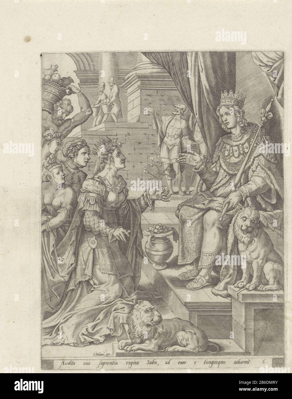 Visite de la Reine de Séba à Solomon Story of Solomon (titre de la série) Salomon siège sur son trône. Pétrissez devant lui la reine de Sheba avec des fleurs dans sa main. Avec elle est un pot avec des pièces. Derrière ses quelques serviteurs avec plus de cadeaux. En bas de la marge une légende d'une ligne dans Latijn. Fabricant : printmaker: Anonyme printmaker Pieter van der Heyden (attribué à), conçu par Maarten van Heemskerck Éditeur: Julius Goltzius (propriété cotée) Lieu de fabrication: Printmaker: Pays-Bas Imprimer auteur: Anvers Éditeur: Anvers Dating : 1560 - 1595 Caractéristiques physiques: Engrace matériau: Pape Banque D'Images