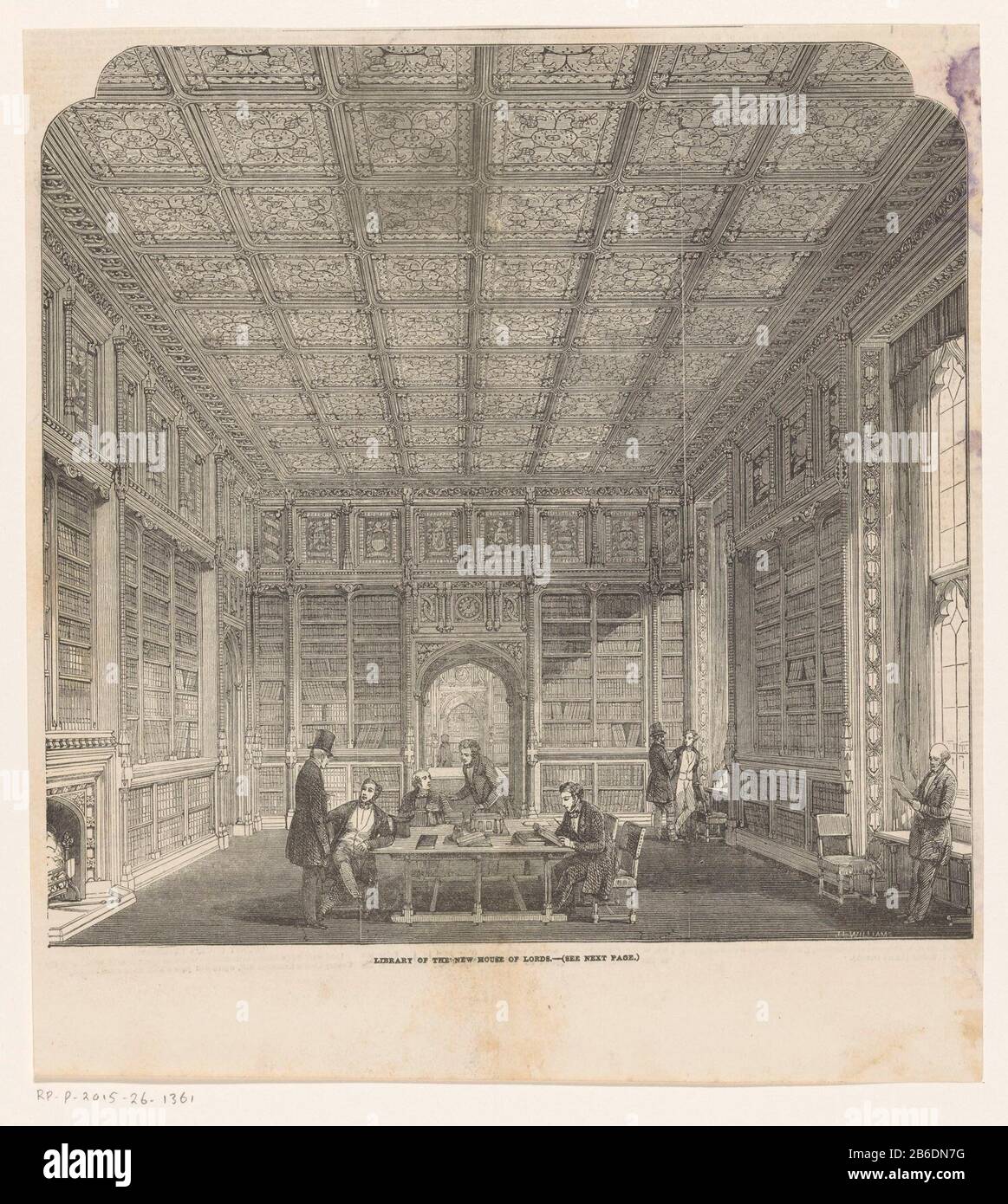 Bibliothèque de la Chambre des Lords Bibliothèque de la Nouvelle Chambre des Lords (objet titre) intérieur de la bibliothèque lecture et conversation des hommes. Au milieu, un tableau de lecture. Texte sur verso. Fabricant : printmaker Joseph Lionel Williams (bâtiment classé) En Date du: 1848 - 1877 Caractéristiques physiques: Bois engrala matière: Papier technique: Bois engrala Dimensions: Feuille: H 262 mm × W 238 mmToelichtingMogelijk une illustration de la London Illustrated News. Objet: Bibliothécaire publique  lecture où: Les chambres du Parlement et le droit Banque D'Images