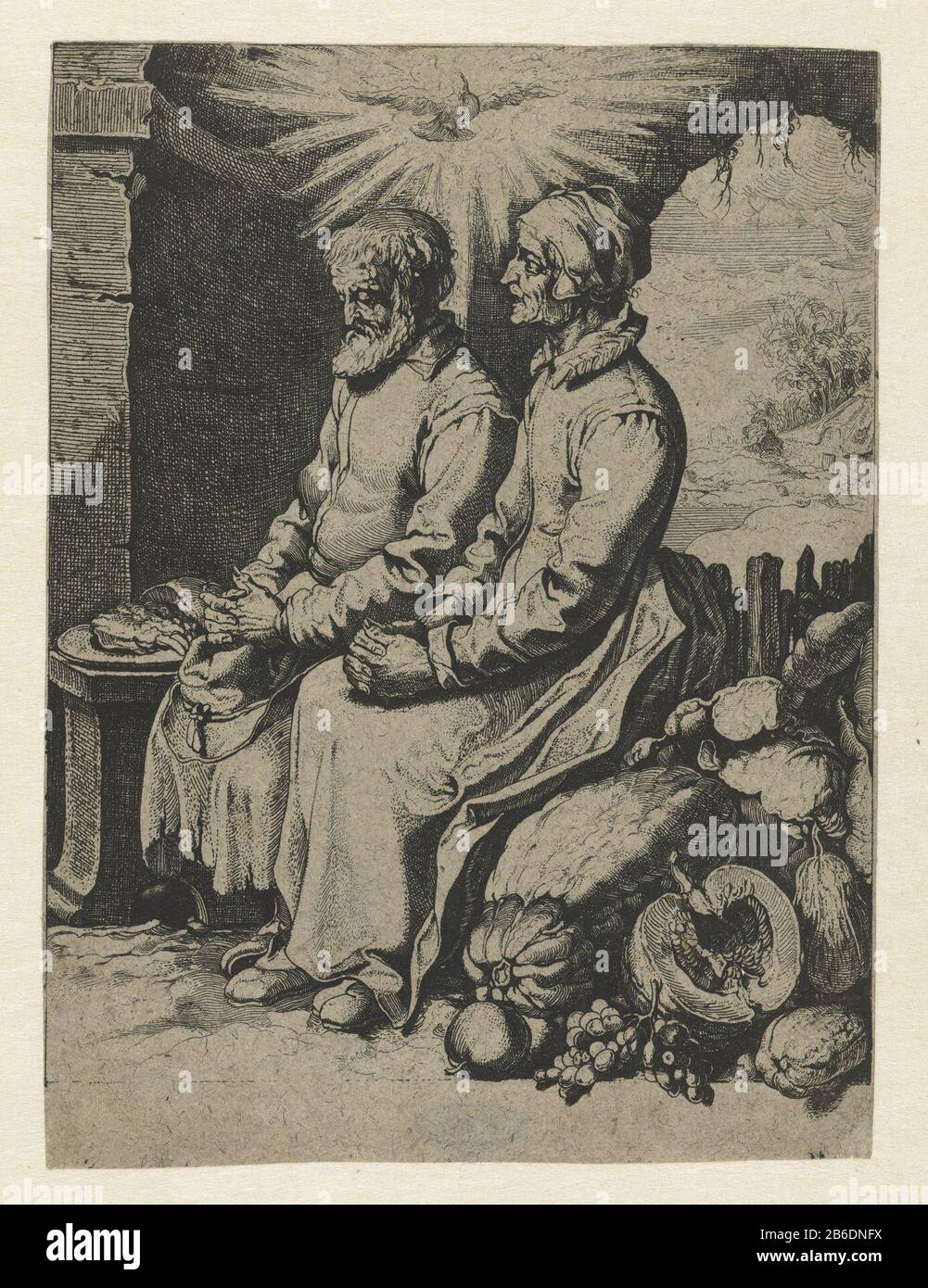 Vieux couple de prière Vreedsamich paer ancien homme et vieille femme assis  les uns à côté des autres avec des mains repliées. Le Saint-Esprit sous la  forme d'une colombe au-dessus de leurs