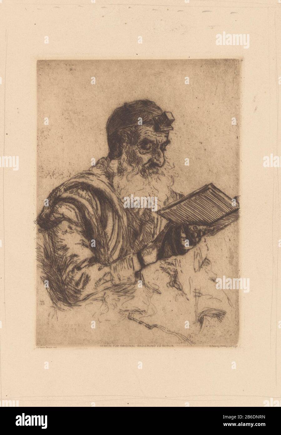 Homme juif en prière Portret van een biddende jodse homme rencontré à zijn rechterhand een gebedenboek. Hij draagt gebedsriemen, de tefilin, en een gebedskleed, de talliet. Fabricant : fabricant: Hermann Frapped (eigenhandig gesigneerd)drukker: Otto Felsing (erven) (vermeld op object)uitgever: Verein für Original-Radierung Berlin (vermeld op object)Plaats fabricación: Prentmaker: New Yorkdrukker: Prijnuitgever: Prijn Dating: 1913 kken in naattoon: H 203 mm × b 148 mm Sub Banque D'Images
