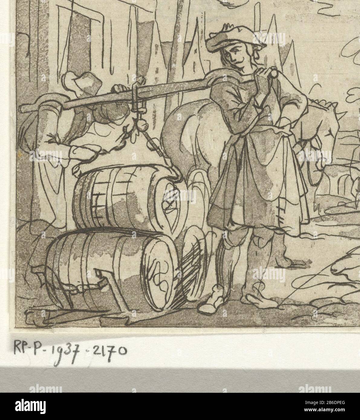 Bière-porteurs Bierdrager Type de bien: Photo Numéro d'article: RP-P-1937-2170 Inscriptions / marques: Marque du collectionneur, verso, estampillé: Lugt 2228 Fabricant: Graveur Jacob Ernst Marcus à concevoir: Jan Luyken Lieu de fabrication: Amsterdam Date: 1784 - 1826 Caractéristiques physiques: Gravure et aqua matière de teinte: Papier technique: Eau / aquatting haut: Dimensions: 85 mm × h 78 b mm Objet: Récipient en bois: Fût, fût, bucketporing quelque chose avec porte-poteau Banque D'Images