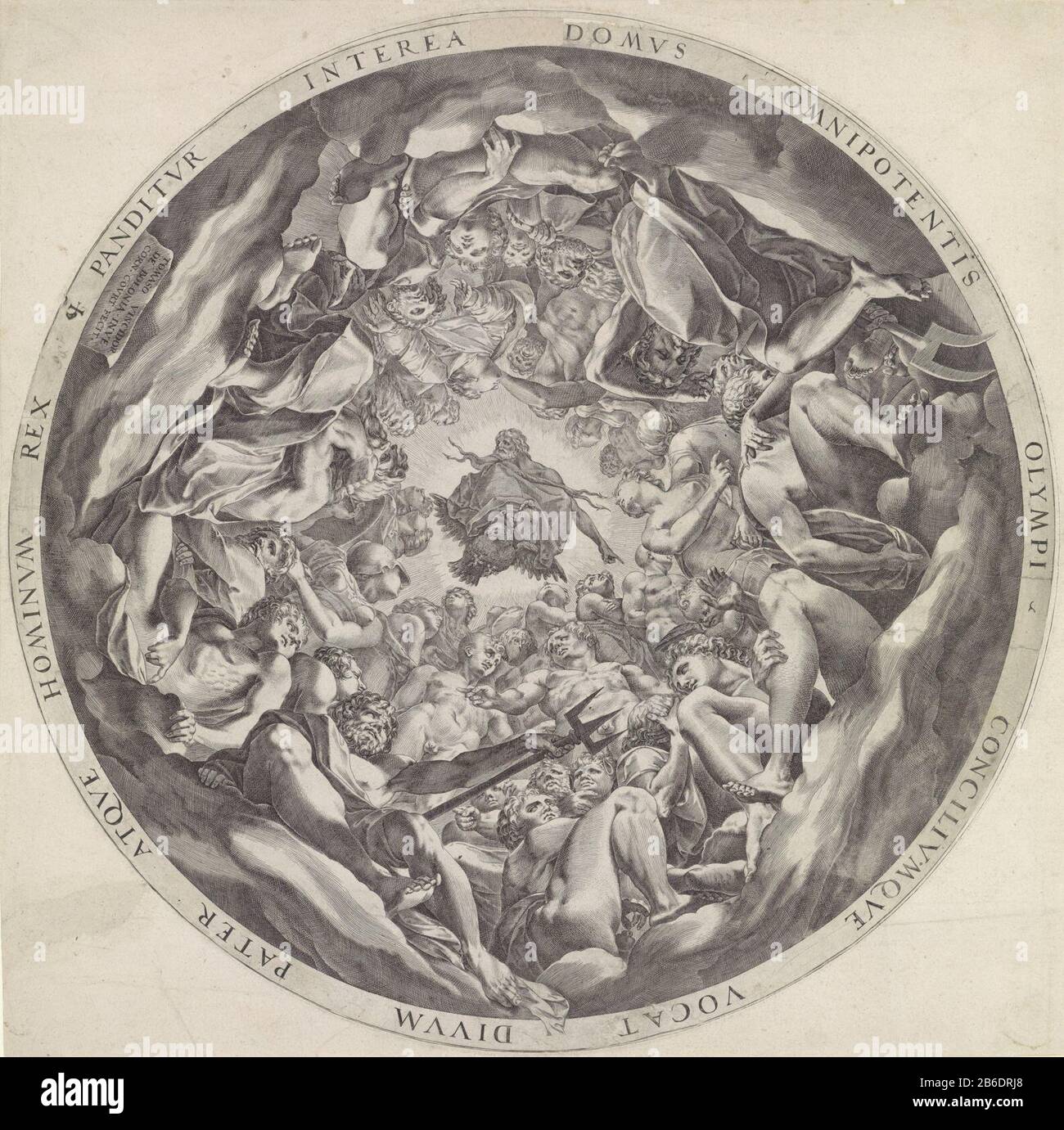 Rencontre des dieux sur l'Olympe Les dieux sont rassemblés dans un cercle sur l'Olympe. Dans le Dieu suprême du milieu Jupiter, avec ses attributs le thunderbolt et l'adelaar. Fabricant : printmaker Cornelis Cort (bâtiment classé), conçu par Francesco Primaticcio (propriété cotée) Lieu de fabrication: Anvers (possible) Date: CA. 1565 - environ 1575 Caractéristiques physiques: Matériel automobile: Papier technique: Engrala (processus d'impression) Dimensions: Bord de la plaque: D 453 mm Sujet tous les dieux Olympiens ensemble: Jupiter, Juno, Neptune, Cérès, Apollo, Diana, Mars, Vénus, Mercure, Minerva, Vulcan Vesta (ou Bacchus) Olympos Banque D'Images