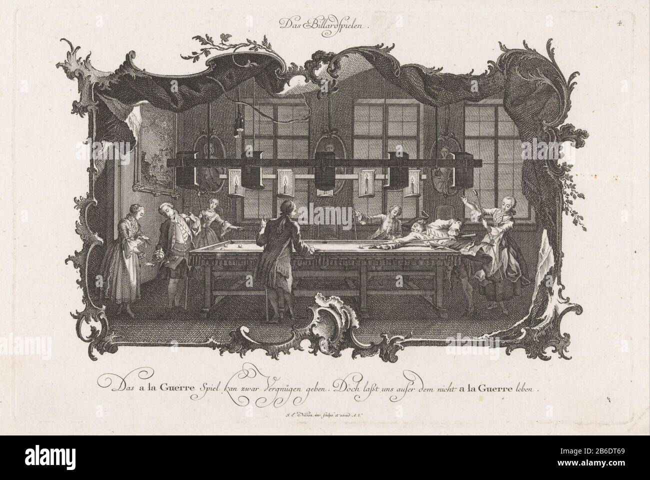 Joueurs de billard Das Billardspielen activités sociales (titre de la série) Quatre hommes et deux femmes jouant au billard dans une salle aux chandelles. Un homme a la droite pour tourner et frapper le ballon. A gauche une femme allume le tuyau d'un homme. Dans la marge inférieure, un tekst allemand. Fabricant : printmaker Johann Esaias Nilson (bâtiment classé) dans son dessin: Johann Esaias Nilson (bâtiment classé) éditeur Johann Esaias Nilson (propriété cotée) Lieu de fabrication: Augsburg Date: 1731 - 1788 Caractéristiques physiques: Gravure et engrga matériau: Papier technique: Gravure / plaque A (processus d'impression) mesures: EDGE: Banque D'Images