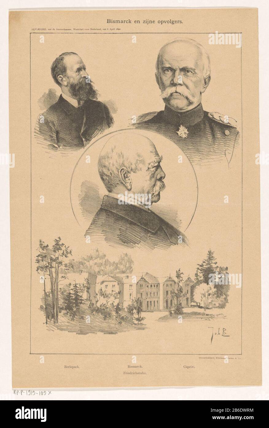Bismarck et ses successeurs (titre original) Portrait d'Otto von Bismarck, Hans Hermann von Berlepsch et Leo von Caprivi. Vue sur Friedrichsruh, la propriété de Von Bismarck. Fabricant : printmaker: Johan Braakensiek (bâtiment classé) imprimante: Ellerman Harms & Co. (Bâtiment Classé) Date: 6 Avr 1890 matériau: Technique du papier: Lithographie (technique) Dimensions: Feuille: H 438 mm × W 292 mmToelieliechtingVerschenen dans l'annexe de 'Amsterdam, Pays-Bas pour Weekly 'à partir du 6 avril 1890. Objet: Politicien, chef de parti, p. ex. logement rural, p. ex. maison de campagne, villa, chalet où: Frie Banque D'Images