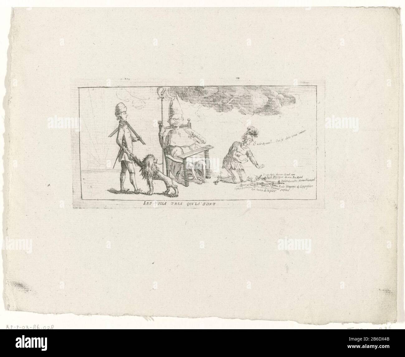 Évêque dans la chaise les voila tels sont qui'ls (titre objet) Brabant Revolution, 1787-1790 (titre de la série) le dessin animé d'un évêque assis dans une chaise, un hochet dans sa main. A gauche la main du lion du Brabant à la main avec un artisan, à droite, pétrir un soldat dans une pile sur le sol mensonges. Partie d'un grand groupe de photos liées aux événements de la Révolution du Brabant et de la période 1787-1790. Fabricant : printmaker: Fabrication anonyme: Pays du Sud Date: 1787 - 1790 Caractéristiques physiques: Gravure et engrafage: Technique du papier: Gravure / engrafage (impression ) Dimensions: PLA Banque D'Images