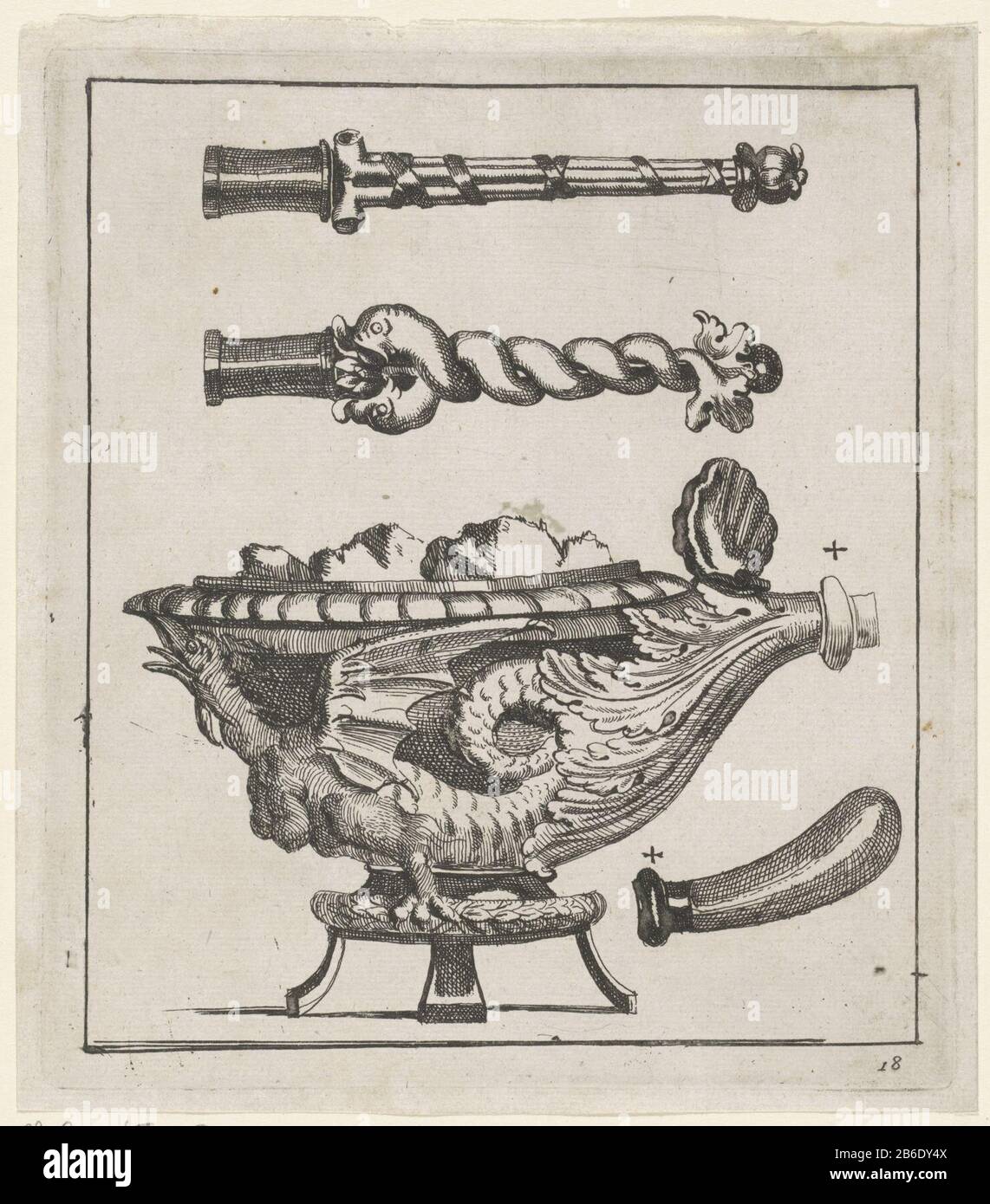 Feuille pour la conception de la vaisselle feuille avec design pour la vaisselle. En bas à droite numérotée 18. Fabricant : printmaker: Fabrication anonyme de lieux Italie (possible) Date: 1650 - 1800 Caractéristiques physiques: Gravure: Technique du papier: Gravure Dimensions: Bord de la plaque: H 165 mm × W 145 mm Objet: Ornements  art Banque D'Images