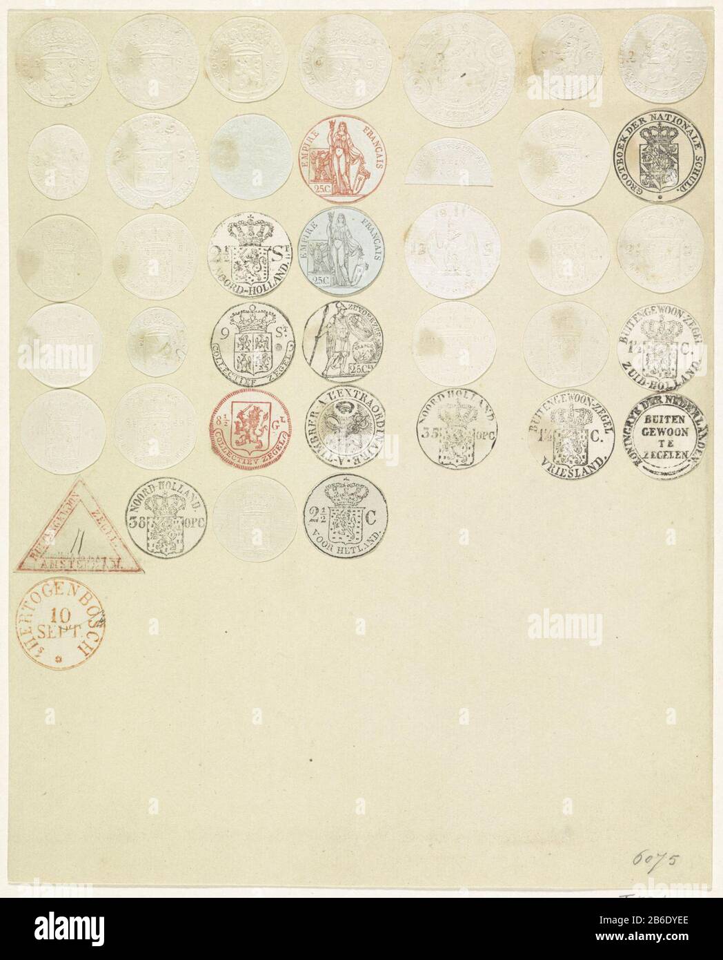 Feuille avec découpes Timbres néerlandais et français feuille avec quarante timbres coupés et collés néerlandais et français de la période 1762-1816. Principalement des phoques ronds, un hémisphère et un driehoekig. Fabricant : printmaker: Fabrication anonyme: Pays-Bas Date: 1762 - 1816 Caractéristiques physiques: Gaufrage et découpe du bois, certains imprimés en rouge: Papier technique: Coupe du bois / gaufrage Dimensions: Feuille: H 290 mm × W 232 mm Objet: Armoiries (symbole de l'État, etc.) cachet ( matière postale) Lorsque: 1762 - 1816 Banque D'Images