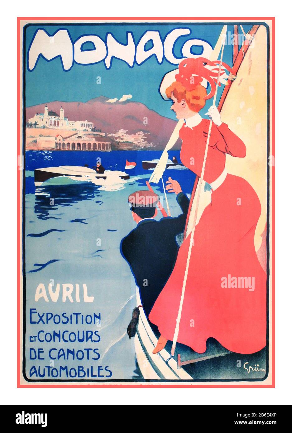Affiche de voyage du XIXe siècle MONACO par ateliers Grun Monaco 1905 Jules-Alexandre Grun (1868-1938) AVRIL exposition de Concours de Canots automobiles [exposition de bateaux à moteur] Banque D'Images