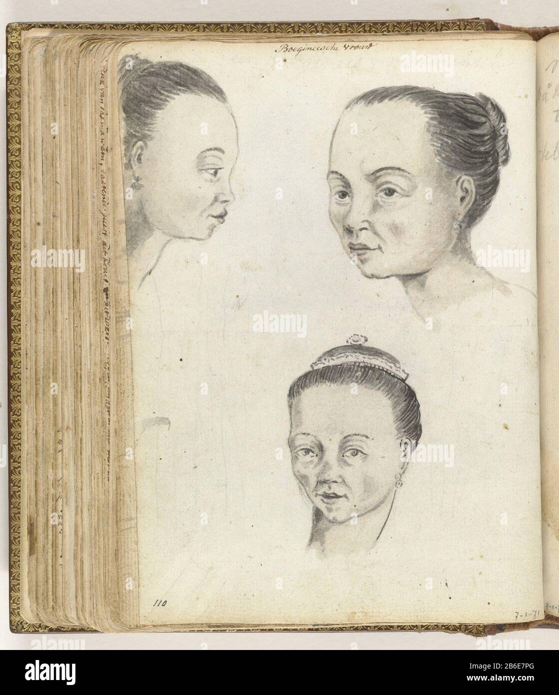 Femme Buginaise NG 1985-7-1-71 brosse pour dessiner la tête d'une femme de différents côtés. Avec inscription. Partie du livre de croquis de Jan Brandes, vol. 1 (1808), p. 108. Fabricant : artiste: Jan BrandesPlaats fabrication: Sri Lanka Date: 10 Oct 1785-14 févr. 1786 Caractéristiques physiques: Pinceau en gris et brun sur croquis en crayon technique: Crayon de papier: Dimensions du pinceau: H 195 mm × W 155 mm Date: 1785 - 1786 Banque D'Images