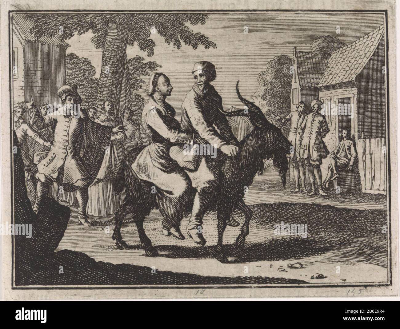 Farmer et épouse ensemble au dos d'un buck porté Dem Eins seynd zweylieb Farmer et épouse ensemble au dos d'une chèvre vervoerdDem Eins seynd zweylieb Type d'objet : Picture book illustration Numéro d'article: RP-P-1896-A-19368-2220Catalogusreferentie marque: Van Eeghen 3118 / Inscriptions: Lugt 2228 Fabricant : printmaker: Caspar Luyken Editeur: Christoph WeigelPlaats fabrication: Nuremberg Date: 1704 Caractéristiques physiques: Gravure et texte en typographie sur verso matériau: Technique du papier: Gravure / formats d'impression: Feuille: H 87 mm × W 114 mmToeliechtIllus Banque D'Images