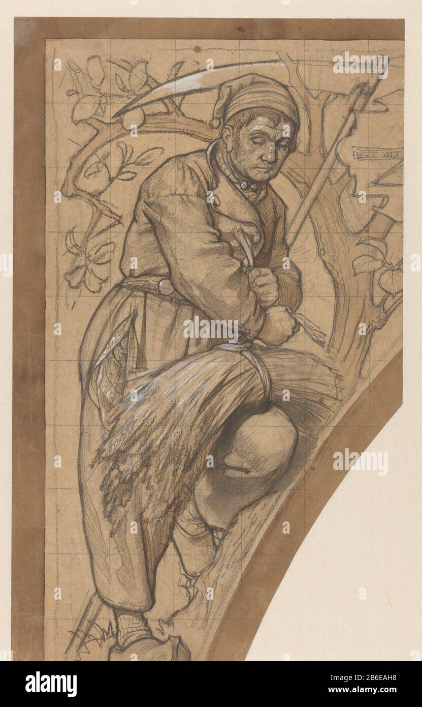 Le fermier se lie avec le schildering de schythe de scheaf Draft. Fabricant : artiste: Georg Sturm Date: 1865 - 1923 Caractéristiques physiques: Crayon, renforcé avec un corps blanc, brosse en marron, craie noire matériau: Peinture de finition de papier craie crayon technique: Dimensions du pinceau: H 477 mm (coin inférieur droit taillé) b × 283 mmToeliechtOnwerp a zwikvullling. Objet: Récolte agricole Banque D'Images