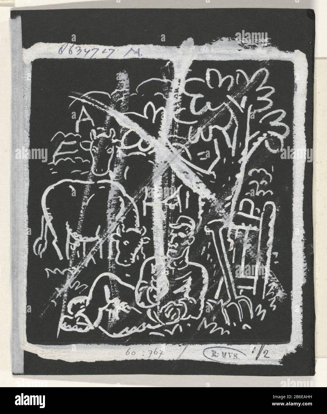 Boer reposant sous un arbre dans un pâturage avec des vaches Farmer reposant sous un arbre dans un pâturage avec des vaches Type d'objet: Dessin design Numéro d'article: RP-T-190-767 (F) Description: Design pour un prent. Fabricant : artiste Leo Gestel Date: 1891 - 1941 Caractéristiques physiques : pinceau blanc sur papier noir matériau: Papier technique: Pinceau dimensions: H 155 mm × W 128 mm Sujet: Pré, et pasturefarmer droit Banque D'Images