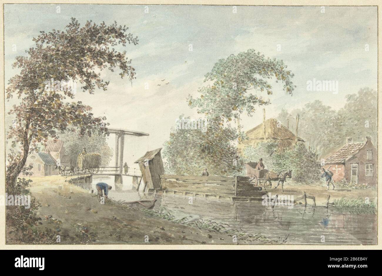 Ferme sur un canal avec un pont-levis une ferme à une voile avec un pont-levis type d'objet: Dessin aquarelle Numéro d'objet: RP-T-1921-196 Fabricant : Rapporteur pour avis: Hermanus Petrus Schouten Date: 1757 - 1822 Caractéristiques physiques: Pinceau en peinture à l'eau en matière de couleur: Papier aquarelle technique: Pinceau dimensions: H 123 mm × W 191 mm Objet : petit canal, ferme de fossés ou maison solitaire en paysage et Banque D'Images