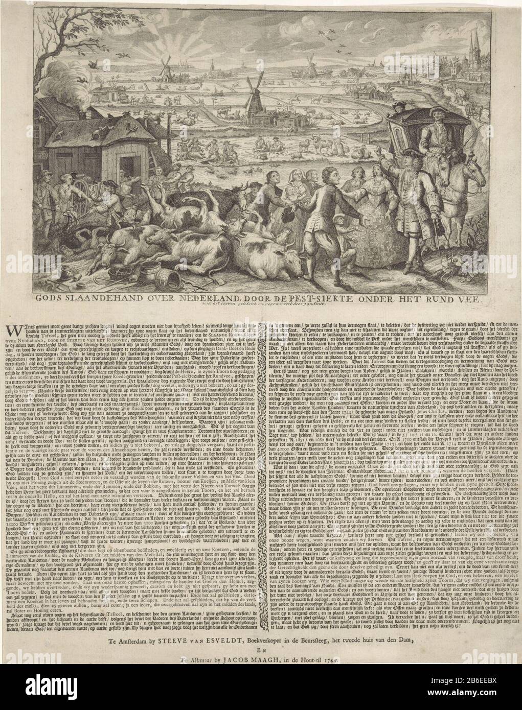 Les agriculteurs affectés par la peste bovine, 1745 la main de Dieu qui glisse sur les Pays-Bas par la siekte de peste sous le bétail de boeuf (objet titre) Les Agriculteurs affectés par la peste bovine se plaignent lorsqu'un locateur avec sa femme dans le chariot est arrivé à la ferme, 1745. A laissé défricher les écuries et l'enterrement des animaux décédés, centralement plus malades et les animaux morts. En arrière-plan, des prairies ensoleillées avec des animaux malades et sains, des moulins et des fermes. Sur le plateau sous la plaque, une description des événements dans deux colonnes. Dans le texte, la maladie du bétail est interprétée comme une punition par Dieu, signe de la colère de Dieu pour Banque D'Images