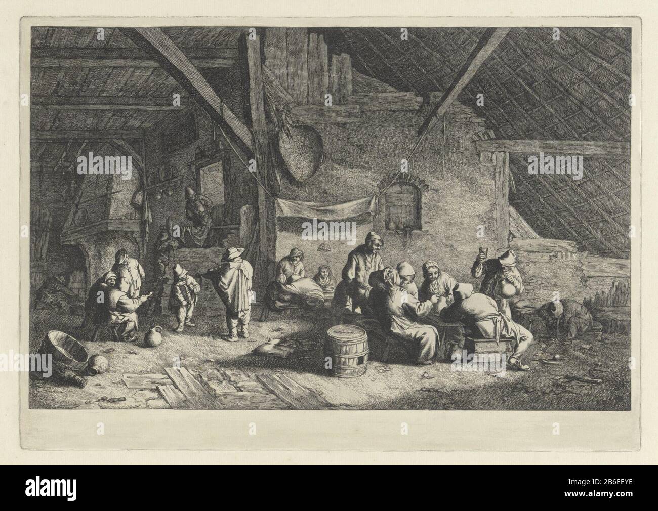 Paysan De la Boere Bruytje Sur une ferme, un paysan a célébré. La mariée est assise sur une feuille et porte une couronne. La gauche est apportée à la musique jouée par un violoniste et un garçon avec un hurdy-gurdy. Le sol est composé de coquilles d'œufs, d'os, de tuyaux cassés, de cruches et de borden. Fabricant : print maker: Jan Visscher Dans le dessin: Amsterdam At Location fabricación: Northern Netherlands Date: 1643 - 1692 Caractéristiques physiques: Gravure; matériau d'épreuvage: Technique du papier: Gravure Dimensions: Bord de la plaque: H 272 mm × W 390 mm Sujet: Fête de mariage, ferme de repas de mariage (bâtiment) - AA - architecture civique: insidevomitingplus que Banque D'Images