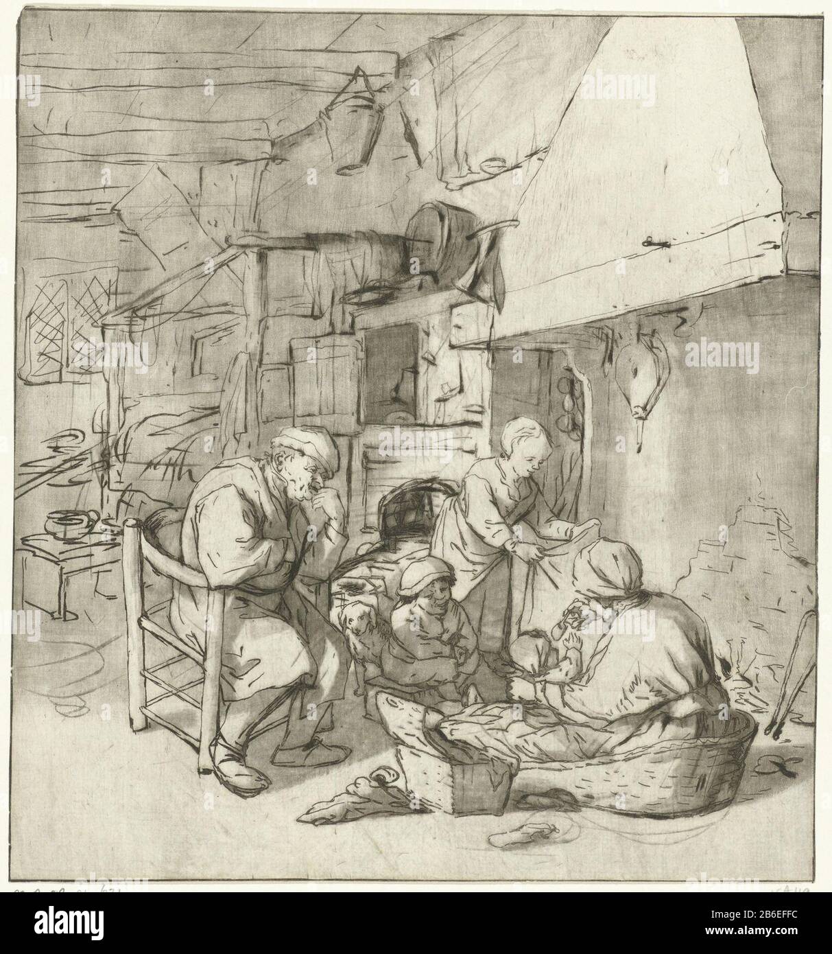 Famille Boer en cas de cheminée intérieure avec une famille autour de la cheminée. Une mère nourrit son bébé. Fabricant : printmaker Cornelis Ploos van Amstel (personnellement signé) au dessin: Adriaen van Ostade (propriété cotée) Lieu de fabrication: Amsterdam Date: 1767 Caractéristiques physiques: Design imprimé; gravure et roulette; matériel d'épreuvage: Papier: Technique design / etch / roulette dimensions: Feuille: H 240 mm × W 222 mm Objet: foyer ouvert, foyer-place intérieur de la vie familiale de la maison à la maison Banque D'Images