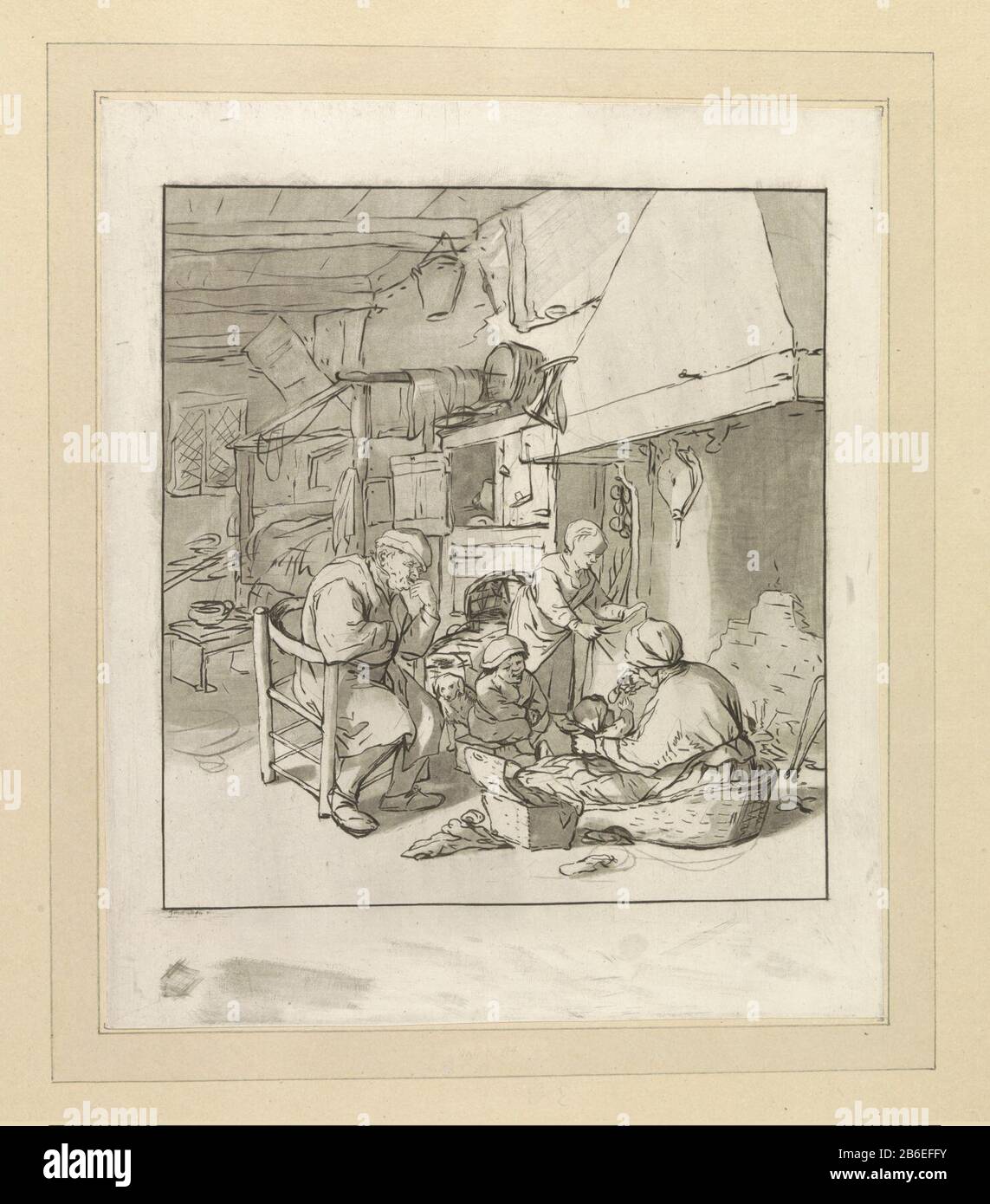 Famille Boer avec une cheminée intérieure avec une famille autour de la cheminée. Une mère nourrit son bébé. Fabricant : printmaker Cornelis Ploos van Amstel au dessin: Adriaen van Ostade supervision: Christiaan JosiPlaats fabrication: Amsterdam Date: 1767 et / ou 1795 - 1828 Caractéristiques physiques: Design imprimé; gravure et roulette: Technique papier: Design / Etch / roulette dimensions: Feuille: H 308 mm × W 259 mm Objet: Foyer ouvert, foyer intérieur de la maison vie familiale à la maison Banque D'Images