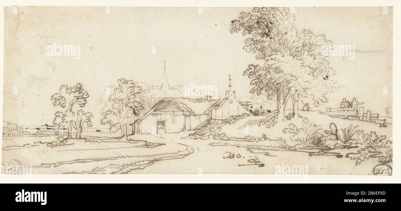 Fermes entre certains arbres Farmhouses entre certains arbres à la distance un steeple pointu et à droite sur une colline deux arbres et une clôture, accompagné de trois hommes . Fabricant : Rapporteur pour avis: Anthonie van Bors Parce que bague: 1640 - 1677 Caractéristiques physiques: Stylo en matière marron: Encre papier technique: Stylo Dimensions: H 99 mm × W 227 mm Banque D'Images