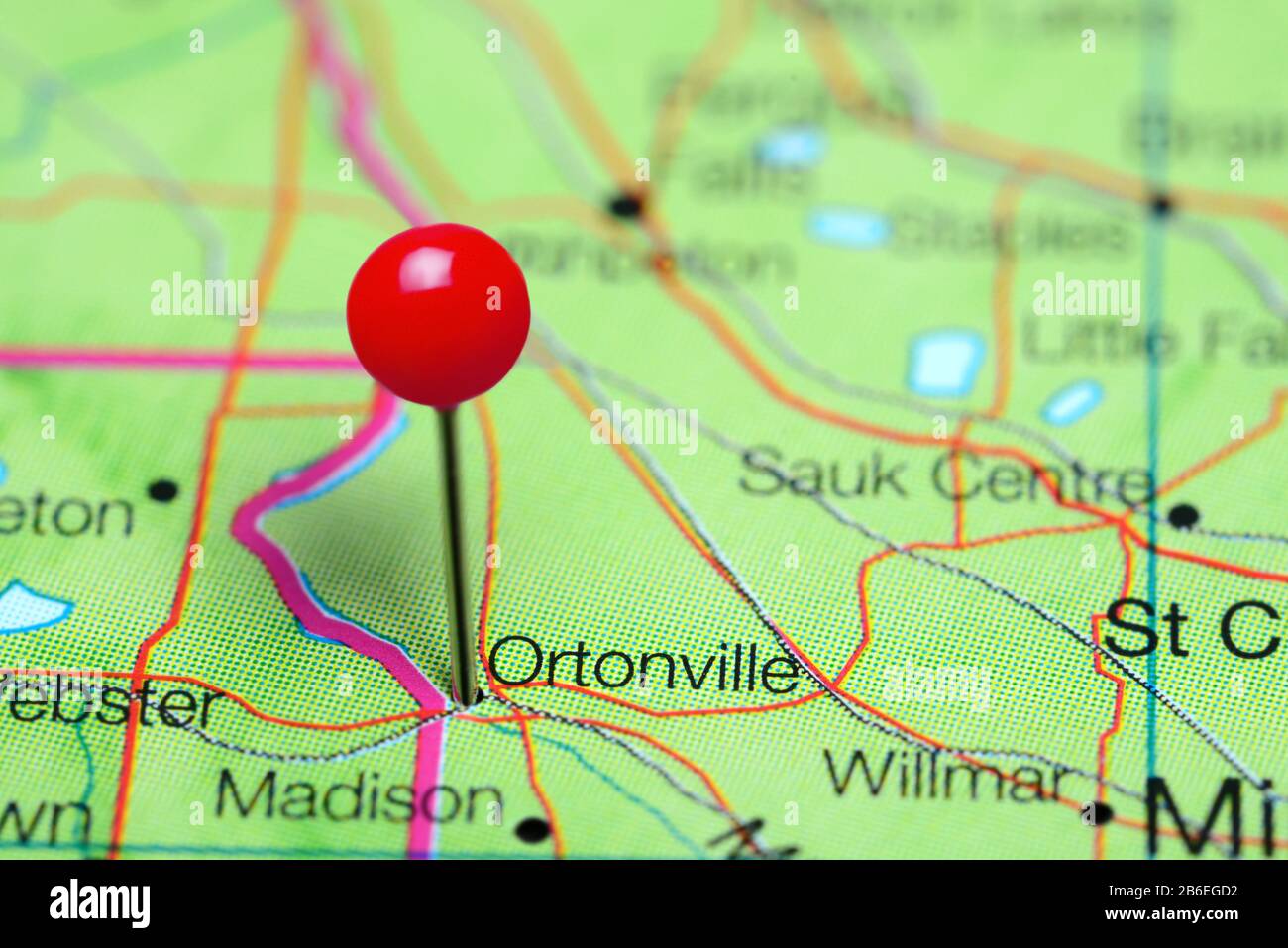 Ortonville épinglé sur une carte du Minnesota, États-Unis Banque D'Images