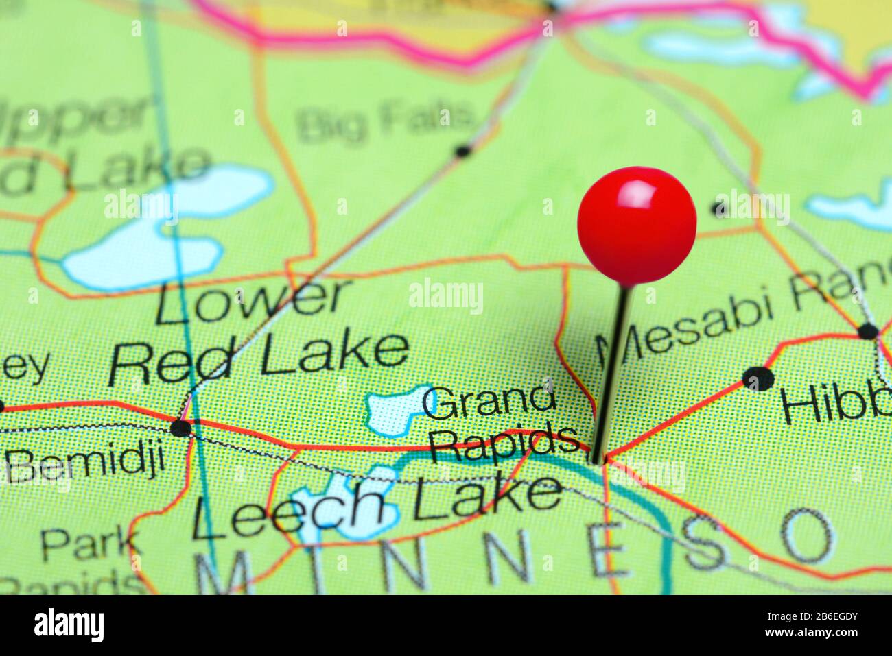 Grand Rapids épinglé sur une carte du Minnesota, États-Unis Banque D'Images