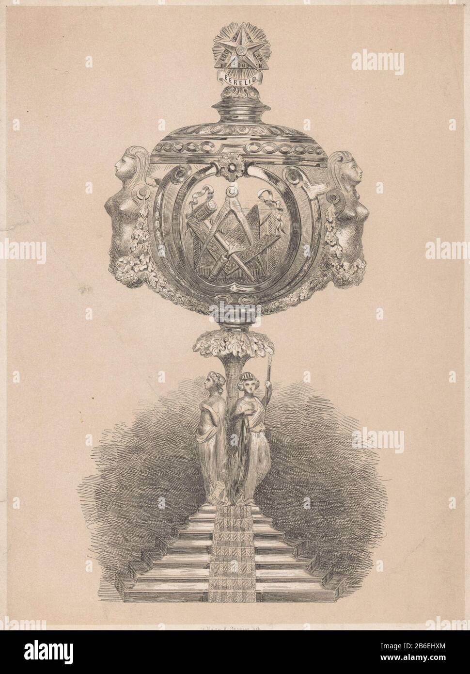 Coupe de tarif masonique de Bokaal ou trophée du Masonic Lodge East. Le bocal le carré, la boussole et la truelle: Signes vrijmetselarij. Fabricant : printmaker Elias Spanier (propriété cotée) Lieu de fabrication: Den Haag Date: 1831 - 1863 Caractéristiques physiques: Lithographie matériau: Technique du papier: Lithographie (technique) Dimensions: Feuille: H 334 mm × W 243 mm Objet: Moustiquaire, bécher, goblet Banque D'Images