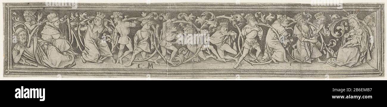 Jesse Tree Deux ornements en forme de frise (titre de la série) Friesvormige voorstelling van een slapende homme (Jesse, liens uiterst) uit Wie: Een boom groeit dans de vorm van een lange rang. Tussen de bladeren verschillende gekroonde figuren, onder wie koning David met zijn harp (liens) en Maria met het Christusskind (uiterst rechts). Pendentif van een ornement met hazen die een jager braden. Fabricant : protmaker: Israhel van Meckenem (vermeld op object)Plaats fabriquent: Bocholt (Duitsland) Dating: 1455 - 1503 Physical kenmerken: Gravire Material: Papier Techniek: Graveren (drukprocedé) Dimensi Banque D'Images