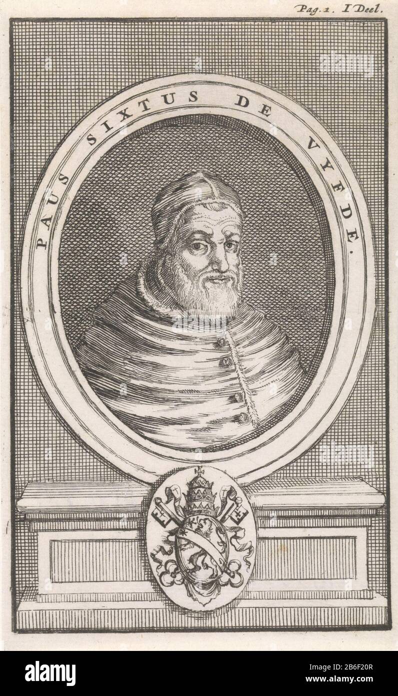 Buste du Pape Sixtus V imprimé droit étiqueté: Pag. I. Je déel. Fabricant : printmaker Jan Luyken Éditeur: Janssonius van Waes Berg Éditeur: Veuve Steven Swart Lieu fabrication: Amsterdam Date: 1697 Caractéristiques physiques: Gravure: Technique du papier: Gravure illustration explicative de: Leti, Gregorio. Le Leeven Sixtus le Vyfden, Pape de Rome, 2 parties. Gillis et John Janssonius de Waesberge et wed. Steven Swart, 1697, vol. I.OnderwerpWie: Sixtus V. Banque D'Images
