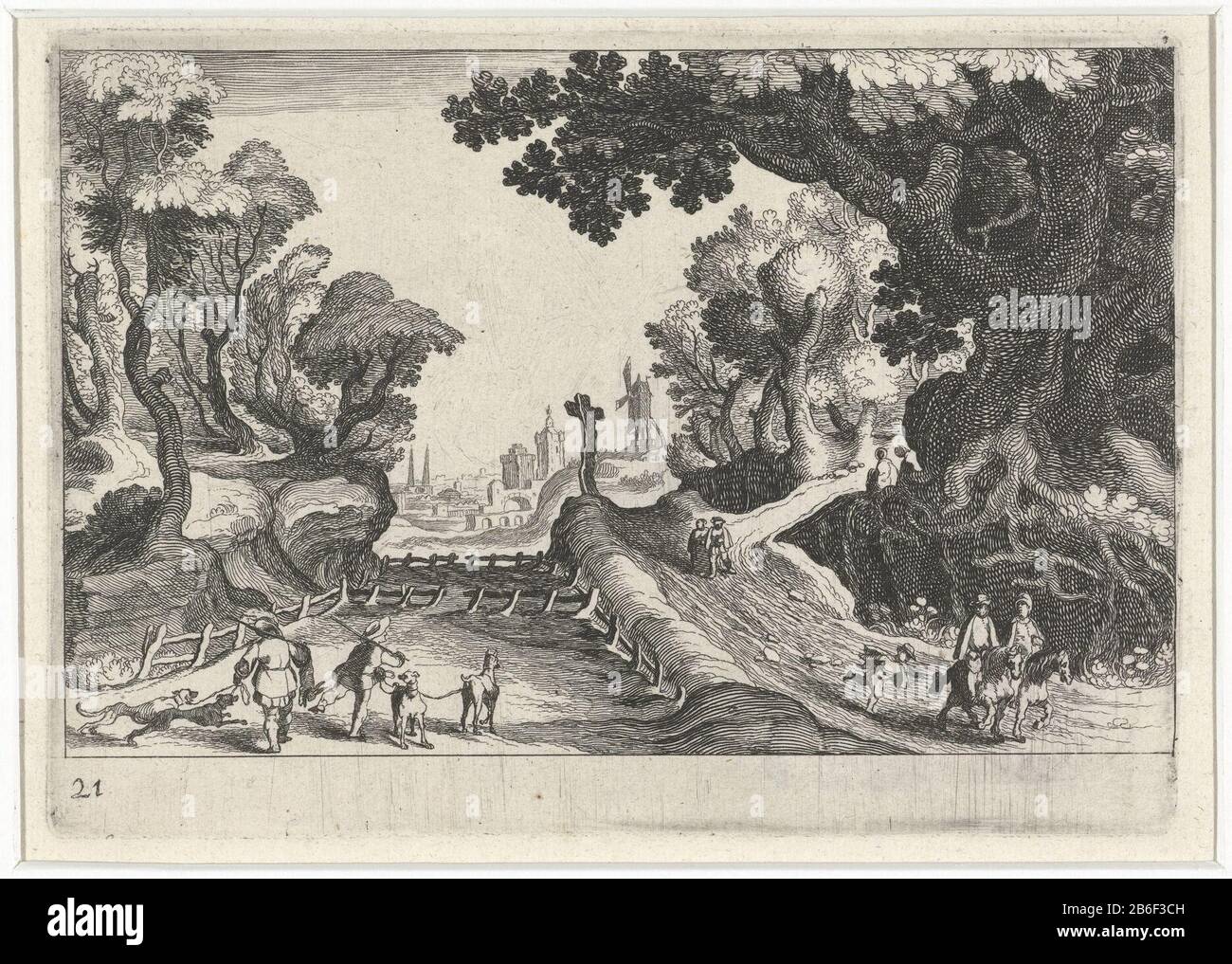 Paysage boisé avec une croix le long d'un sentier paysages d'Europe du Sud (titre de la série) Topographia Variarum Regionum (titre de la série) Paysage Boisé avec diverses figures, qui comprennent deux chasseurs sur un chemin avec une grande croix. En arrière-plan, un moulin et un stadsgezicht. Fabricant : printmaker Simon Frisiusnaar design: Matthijs Bril Éditeur: Hendrick Hondius (I) fournisseur de privilège inconnu Fabrication de lieux: Printmaker: Northern Netherlands à concevoir: Inconnu Editeur: La Haye Date: 1611 Caractéristiques physiques: Gravure technique: Papier: Dimensions: Bord de la plaque: H 107 mm × W Banque D'Images