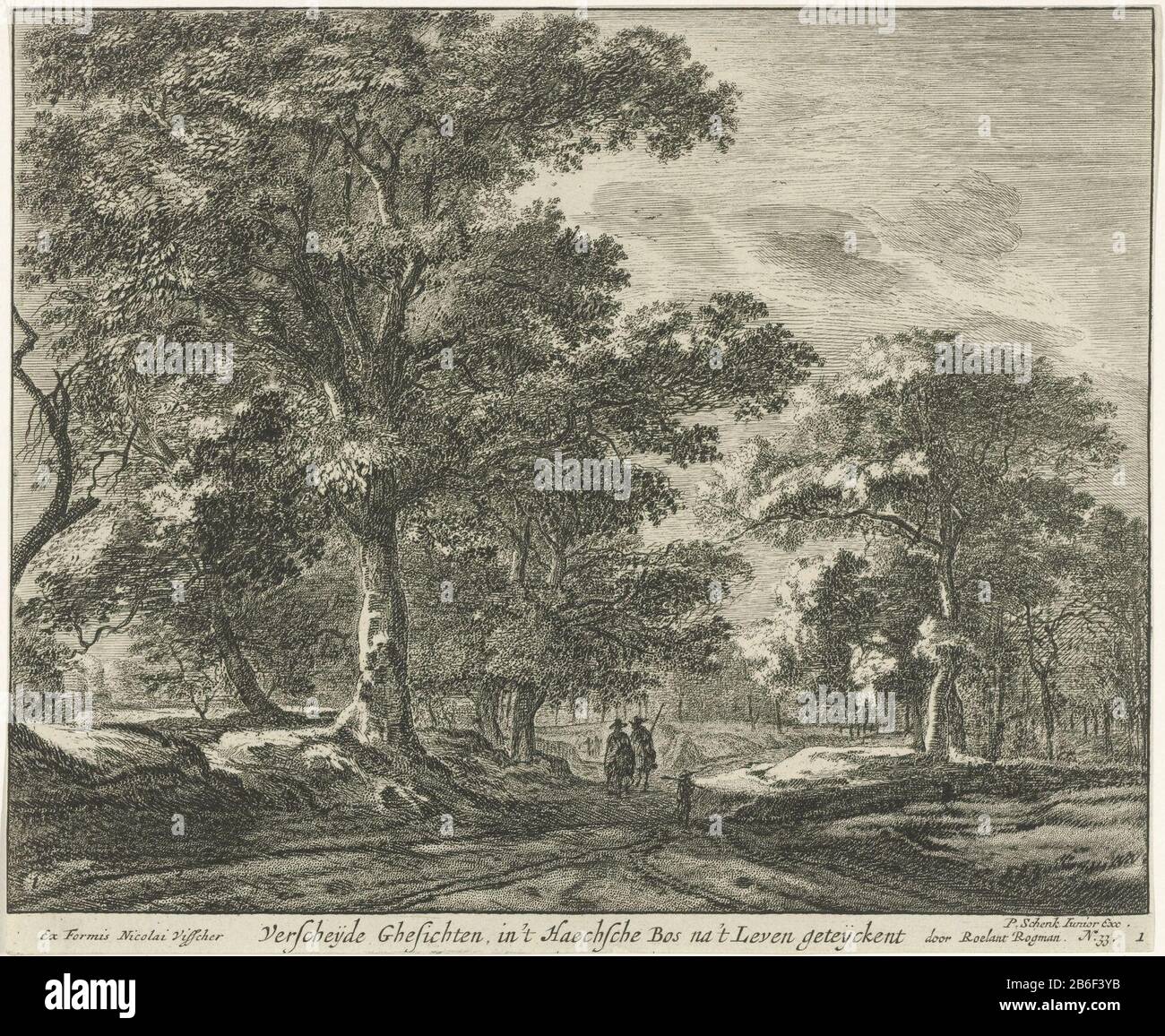 Vue sur une forêt dans la forêt de la Haye. Au premier plan à pied deux hommes et un jongen. Fabricant : printmaker: Roelant Roghman (bâtiment coté) Editeur: Peter Schenk (II) (bâtiment coté) Editeur: Nicolaes Visscher (I) (bâtiment coté) Lieu de fabrication: Amsterdam Date: 1728 - 1761 Caractéristiques physiques: Matière de gravure: Papier: Technique dimensions: Feuille: H 214 mm × W 258 mm Hague Sujet: Bois, vrai: Bos Banque D'Images