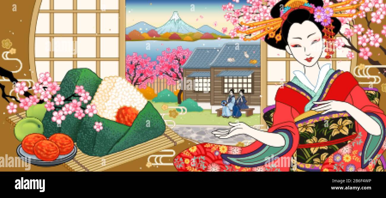 Boules de riz aux prunes salées avec belle geisha et fleur de cerisier dans le style ukiyo-e Illustration de Vecteur
