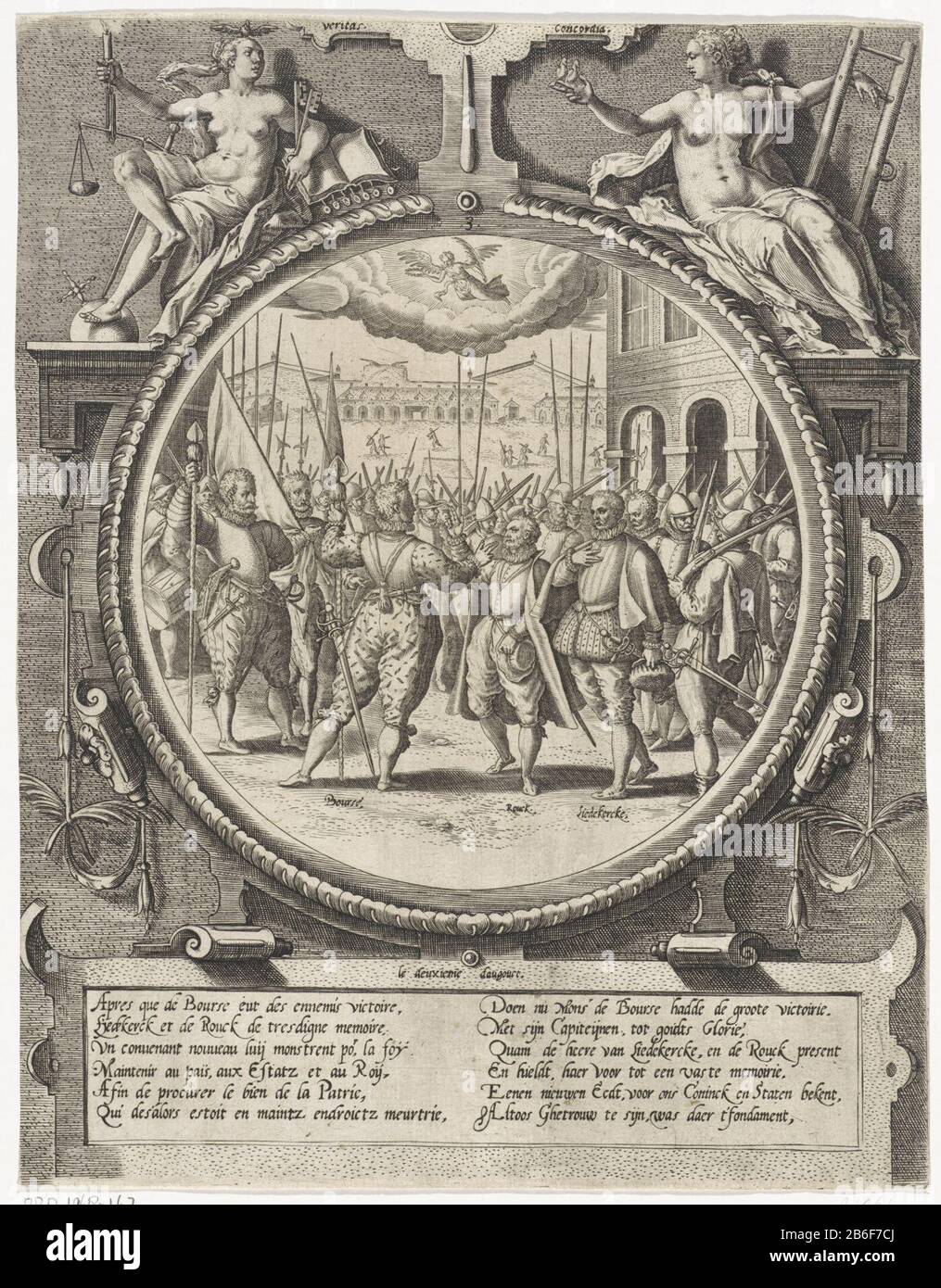 Bourse Liedekercke Roeck et confirmer leur serment médaillons en 1577 avec la conquête de la citadelle d'Anvers en 1577 (titre de la série) Bourse, Liedekercke Roeck et confirmer leur serment, 2 août 1577. Les trois hommes étaient entourés d'un serment de soldats. Dans les nuages un ange avec couronne et branche de palmier. Performance dans un médaillon rond avec cadre allégorique ornemental avec les principales caractéristiques féminines du titulaire Où: Unité (Veritas) et Concord (Concordia). En bas d'un cartouche avec deux versets de toutes les six lignes en français et Nederlands. Fabricant : printmaker Qui: Rixnaar dessin: Maerten t Banque D'Images