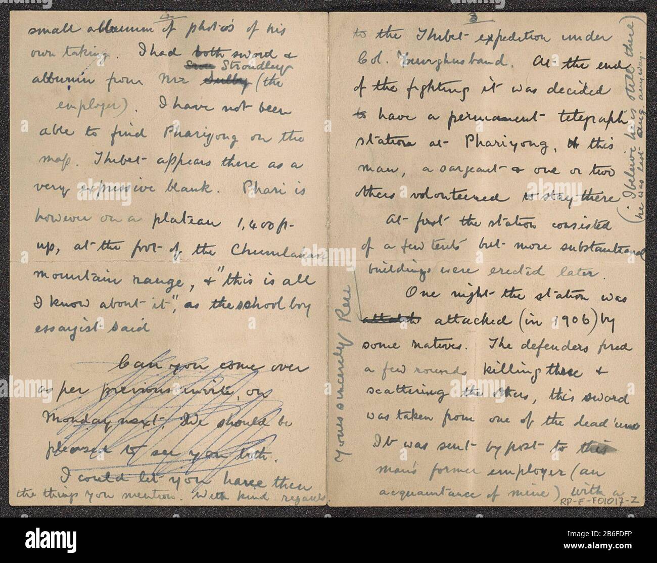 Lettre provenance de la photo tibétaine legertelegrafiste DT Dalton (pages 3 et 4) Brief gedateerd 28 avril 1915, gericht aan 'Jimmie', naam afzender deels onleesbaar, briefhoofd '322, Bethnal Green Road, N.E., tekst deels doorgestreept. Vermeld wordt onder Meer hoe het fotoalbum vanit Tibet in Groot-Brittannië terecht is gekomen. Onderdeel van Fotoalbum met 24 foto's van de reis van legertelegrafist D.T. Dalton porte Tibet. Fabricant : schrijver: AnoniemPlaats fabrication: Londen Dating: 28-apr-1915 kenmerken physique: Handschrift, pen in blaw matériau: Papier Techniek: Schrijven Dimensio Banque D'Images