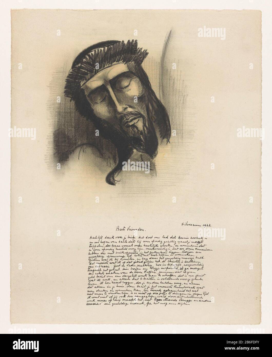 Lettre tête du Christ lettre écrite en 1922 par M. et Mme E. M. Jaarsma, surmontée par le contour d'une statue médiévale du Christ Manufacture Créateur: Artiste: Louis Schelfhout Date: 1922 Caractéristiques physiques: Matière de craie noire: Craie de papier Dimensions: H 439 mm × W 350 mm Objet: Chef du Christ avec couronne d'épines Banque D'Images