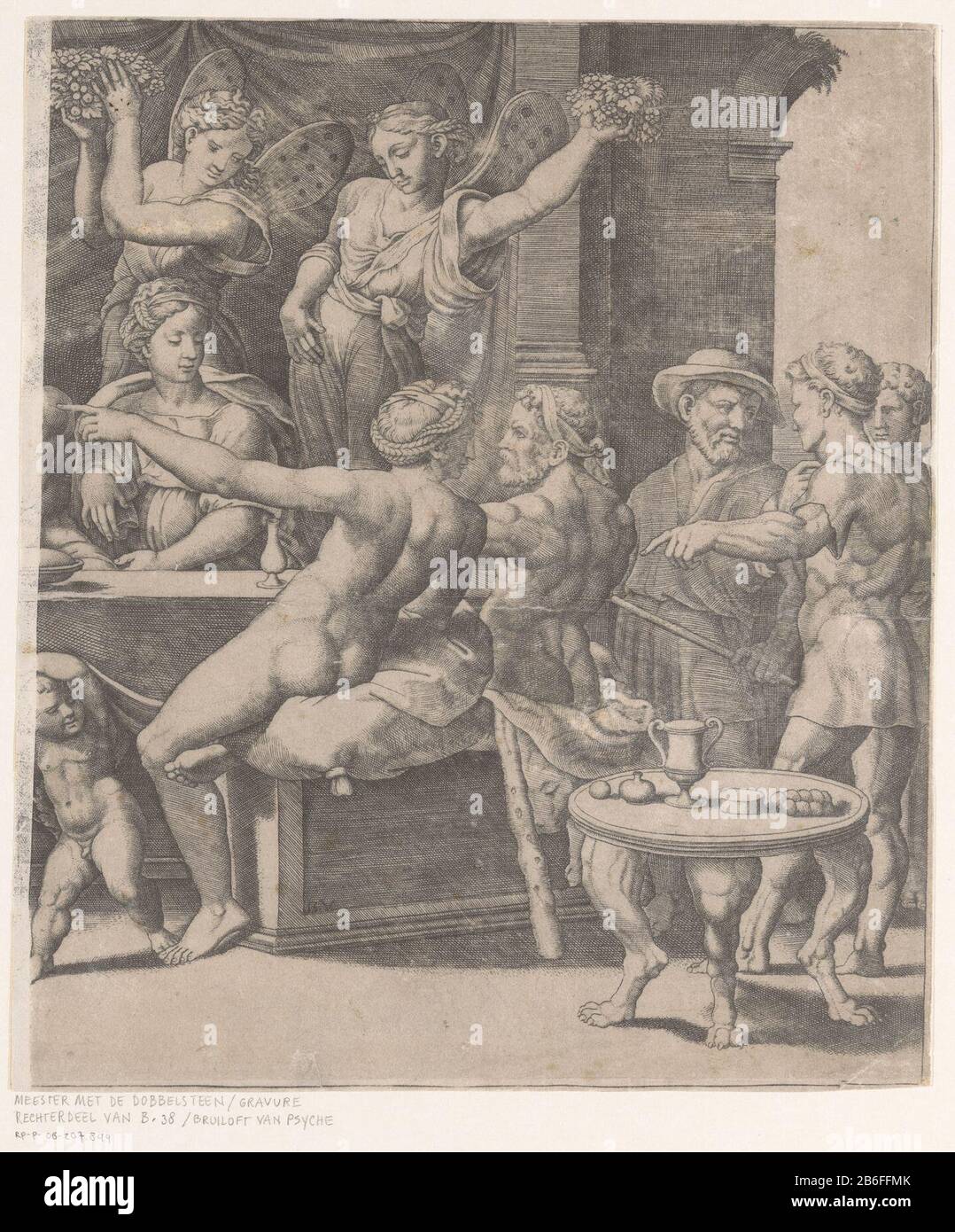 Mariage de Cupid et Psyche Banket tijdens de bruiloft van Amor en Psyche. Hachter een lange tafel zitten Amor en Psyche saumen a rencontré een aantal et ere figuren. Rechts zitten Vénus en Hercules en op de voorgrond Tilt een putto het tafelkleed en liggen de pijl-en-boog van Amor op de grond. Chter de tafel drie Horae (godinnen van de jaargetijden met vlindervleugels. Fabricant : protmaker: Meester van de Dobbelsteen (vermeld op object)naar schildering van: RabaëlPlaats fabrication: Italië Dating: CA. 1530 - env. 1560 kenmerken physique: Gravure met platoon matériau: Papier Techniek: Graveren (d Banque D'Images
