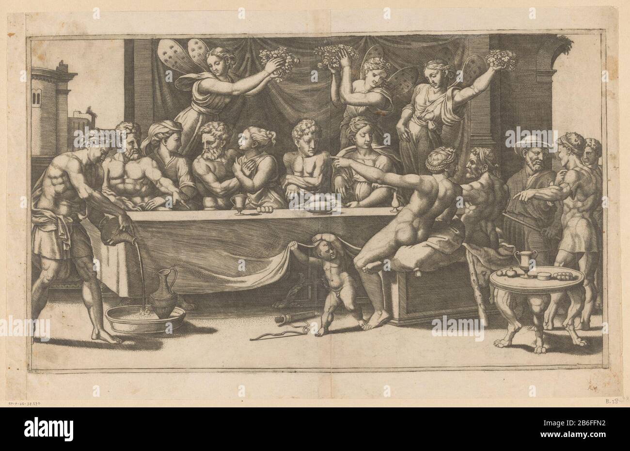 Mariage de Cupid et Psyche Banket tijdens de bruiloft van Amor en Psyche. Hachter een lange tafel zitten Amor en Psyche saumen a rencontré een aantal et ere figuren. Rechts zitten Vénus en Hercules en op de voorgrond Tilt een putto het tafelkleed en liggen de pijl-en-boog van Amor op de grond. L'achter de tafel drie Horae (godinnen van de jaargetijden) a rencontré des vlindervleugels. Fabricant : protmaker: Meester van de Dobbelsteen (vermeld op object)naar schildering van: RabaëlPlaats fabrication: Italië Dating: CA. 1530 - env. 1560 kenmerken physique : gravure met platoon; afdruk van twee flatte op twee saumen Banque D'Images