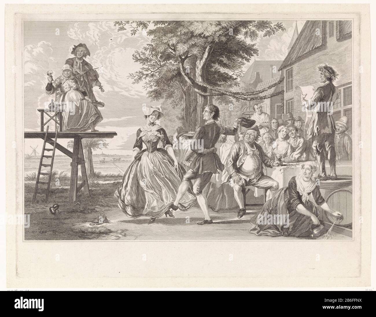 Mariage de Cloris et Dormant Beauté Cloris et Rosie dansant à leur mariage. L'augmentation de deux joueurs de violon, dont : la femme lève le verre. Les partygoers de droite et un homme qui parlait d'une tonne. Scène du jeu de chant le mariage de Cloris et Roosje. Fabricant : printmaker Pieter Tanjénaar peinture de Cornelis Troost Lieu fabrication: Amsterdam Date: 1752 - 1761 Caractéristiques physiques: Gravure; matériel d'épreuvage: Technique du papier: Gravure Dimensions: Bord de la plaque: H 410 mm × W 529 mToeliechtScène du jeu chantant: Mariage de Cloris et De Beauting Beauty. Amsterdam, 1743. Sous-J Banque D'Images