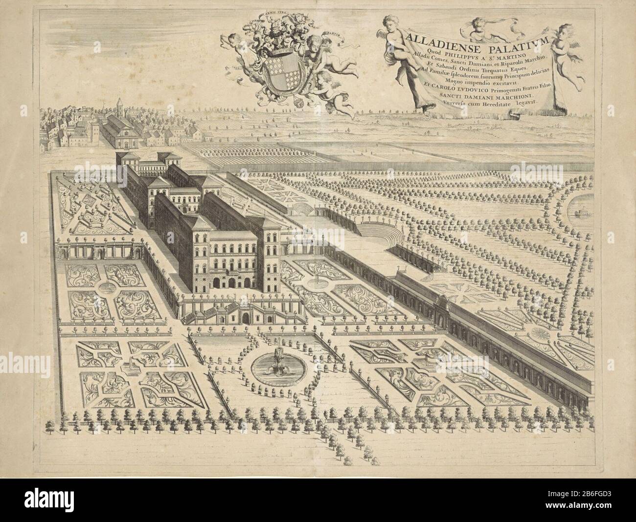 Propriété et village Alladiense Palatium (objet titre) vue du point de vue d'un oiseau sur une propriété dans le village d'arrière-plan. Au-dessus de porter putti une couche couronnée d'armes et le titre du prent. Fabricant : printmaker Jan Luyken Imprimer auteur: Caspar Luyken Date: 1725 Caractéristiques physiques: Matériel de gravure: Technique du papier: Gravure Dimensions: Bord de la plaque: H 481 mm × W 584 mm Sujet: Logement rural, par exemple villa de campagne, pratique rituelle de chalet  Islam Mohammadanisme Banque D'Images