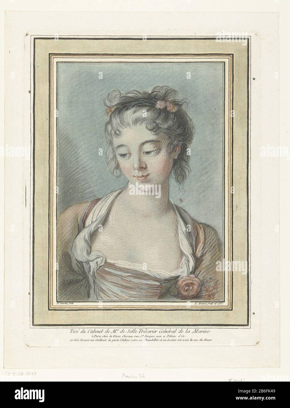 Buste d'une jeune femme dans un omlijsting rectangulaire. Fabricant : printmaker Louis Marin Bonnet (propriété cotée) conçu par François Boucher (bâtiment classé) éditeur: Veuve François Chéreau (II ) (objet) Lieu de fabrication: Fabricant d'impression: France Éditeur: Paris Date: 1767 Caractéristiques physiques: Gravure et écreyonmanier, imprimé en couleur de différentes feuilles de matériaux: Papier technique: Gravure / crayonmanier / mesures des couleurs: Bord de la plaque: H 311 mm × W 232 mm Sujet: Adolescent, jeune femme, jeune fille Banque D'Images