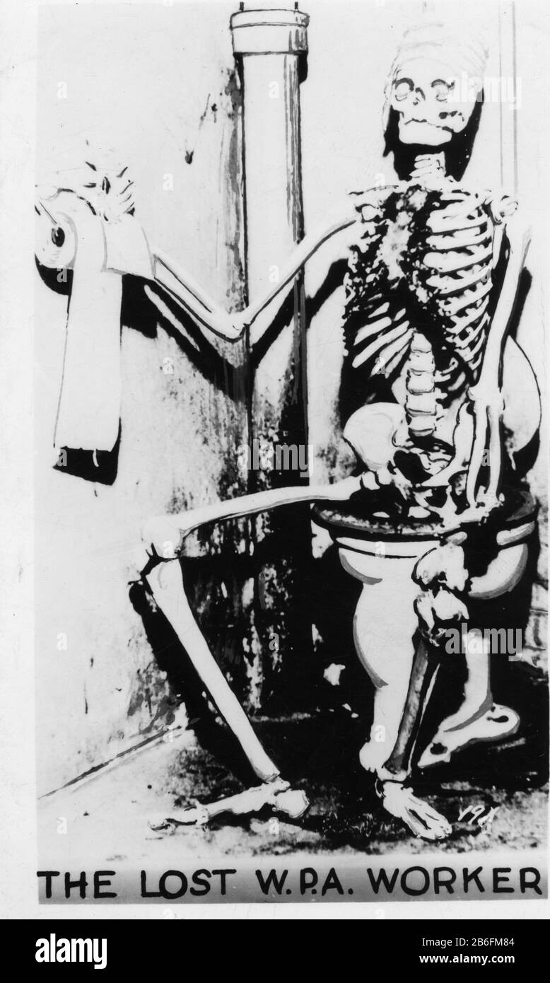Caricature de l'époque de la dépression, intitulée « le travailleur perdu de W.P.A. », il a attendu un emploi si longtemps qu'il est mort. Il est mort, simplement un squelette assis sur une toilette, atteignant pour le papier de toilette. L'Administration Works Progress a été créée pendant la Grande Dépression pour fournir des emplois décents aux milliers de chômeurs et de pauvres. Apparemment, le système a échoué avec ce fella. Pour voir mes autres images vintage, recherche: Prestor vintage Politics Banque D'Images