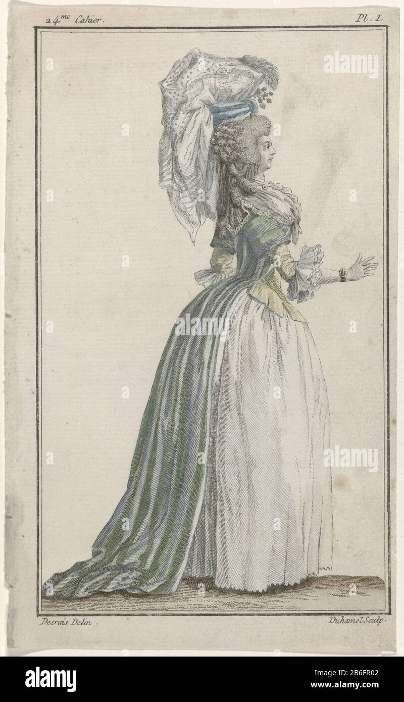 Cabinet de modes ou de méthodes News, 1 novembre 1786, Pl I Selon le texte d'accompagnement, la femme vêtue d'une robe à la Turque 'de glissement de satin rayé. Il doit porter un fichu, un corsage à manches trois quarts, un col plissé et deux poignets et une jupe blanche à ourlet festonné. Sur la tête un Bonnet à la Turque la demoiselle Roussaud au coin de la rue du Théâtre English. Accessoires : boucles d'oreilles, bracelet. L'image fait partie de la 24ème Cahier dans la série Cabinet des modes ou les modes Nouvelles. La série se compose de 72 imprimés de mode, publiés par Buisson, Paris, le 15 novembre 178 Banque D'Images