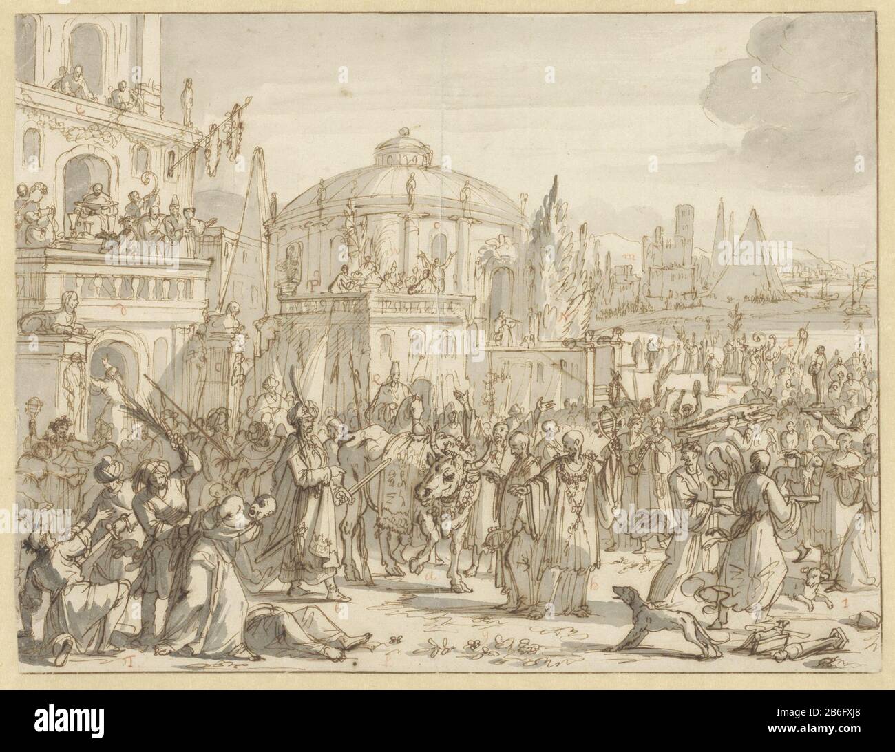 Cambyses doodt Apis Cambyses a tué Apis, le taureau sacré de Memphis. Peut-être un projet de prent. Fabricant : artiste: Jan Luyken Date: 1659 - 1712 Caractéristiques physiques: Stylo à encre brune, pinceau et gris, craie rouge, doorgegriffeld matériel: Encre de papier craie technique: Stylo / pinceau / par stylet dimensions: H 270 mm × W 352 mm Objet: Cambyses convoque les prêtres d'Egypte pour lui montrer Leurs Api de dieu; Quand une vache est présentée, Cambyses prend l'infraction, et la tue Banque D'Images