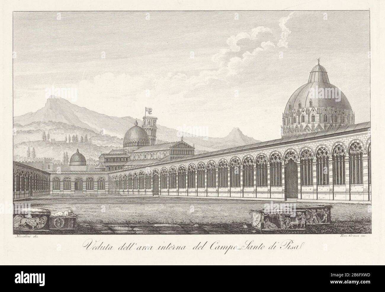 Campo Santo à Pise vue sur 'la zone interne de ​​the Campo-Santo de Pise (objet titel op) face sur la pelouse avec la terre sacrée, partie du cimetière fortifié Campo Santo à Pise. Au premier plan, quelques sarcophagi. En arrière-plan la cathédrale de Pise (Duomo di Pisa), le Baptistère de San Giovanni et la Tour penchée (Campanile) . Fabricant : printmaker: Raniero Grassi (propriété cotée) au dessin: Antonio Niccolini (propriété cotée) Lieu Fabrication: Fabricant d'impression: Pise dans le dessin: Italie rencontres: CA. 1831 - ca. 1854 Caractéristiques physiques: Matériau de gravure: Technique du papier: Dimensions de gravure Banque D'Images
