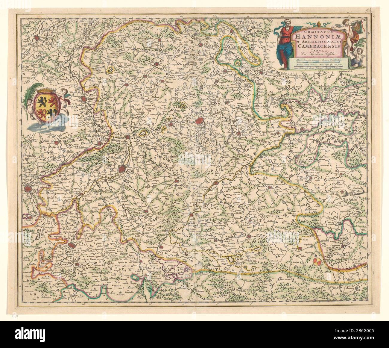 Cartographie au XVIIe siècle, Hainaut et de l'archidiocèse de Cambrai Map de Hainault et Cambray, au nord, se sont légèrement déplacés vers la gauche. Inscriptions R.B. flanquées de figures allégoriques et de putti, plates sous l'échelle en allemand et en français milles et privilèges. L.B. escutcheon couronné flanqué de putti. Les limites de la carte sont colorées et les arbres, les plantes et les bâtiments sont dessinés. Inscriptions; r.b .: Comitatus / HANNONIAE / et ARCHIEPISCOPATUS / CAMERACENSIS / TABULA. Signé; r.b .: Per Nicolaum Visscher. Fabricant : cartographe: Nicolaes Visscher (I) éditeur: Nicolaes Visscher (I) P Banque D'Images