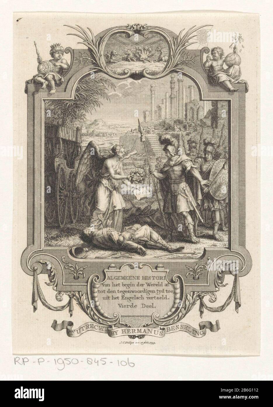 Dans le corps du roi perse assassiné Darius donner à l'ange une couronne de laurier et un papier comme symbole de l'Empire persan aux soldats macédoniens, sous Qui: Possible roi Alexandre le Grand. En arrière-plan un paysage détruit. Dans le cadre de la cartouche assise putti avec des globes et une présentation des quatre empires du monde comme bêtes vues par Daniël. Fabricant : printmaker Jan Caspar Philips (bâtiment répertorié) dans sa conception : Jan Caspar Philips (bâtiment répertorié) éditeur : Hermanus Besseling (indiqué sur l'objet) Lieu de fabrication : Utrecht Date : 1739 et / ou 1740 matériau : Paper Technec Banque D'Images