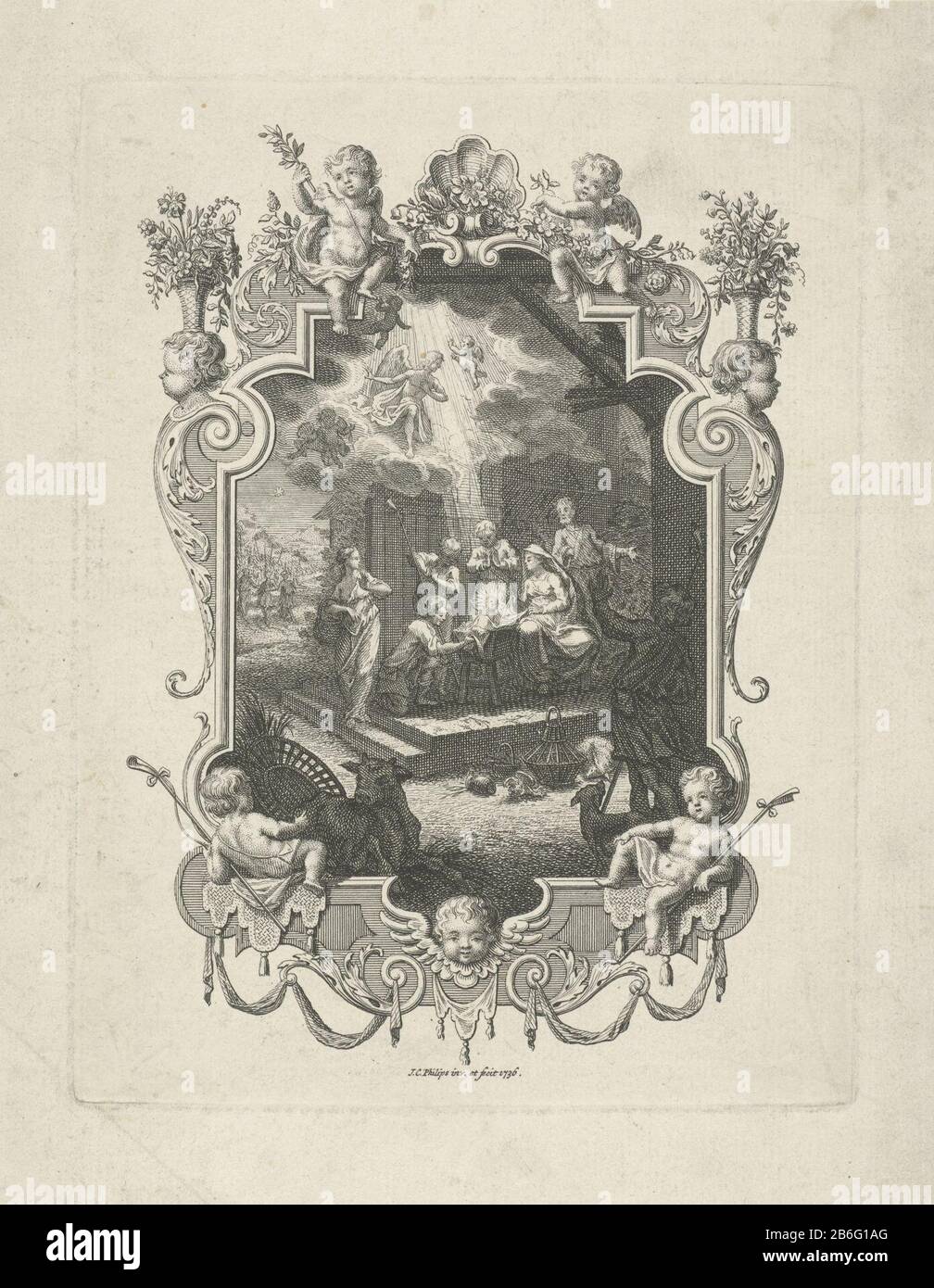 Cartouche avec l'adoration des bergers La Nativité dans l'écurie. Les rayons du ciel brillent sur l'enfant. Les bergers s'agenouillent en adoration. En arrière-plan, les rois sont partis vers Bethléem. Fabricant : printmaker Jan Caspar Philips (bâtiment classé) dans son design: Jan Caspar Philips (propriété cotée) Lieu de fabrication: Amsterdam Date: 1736 Caractéristiques physiques: Gravure et engrafage: Technique du papier : gravure / engrafage (procédé d'impression) Dimensions: Bord de la plaque: H 164 mm × W 125 mm Objet: Adoration du Christ-enfant par les bergers; Marie et Joseph presentthe Star Apparaît Banque D'Images