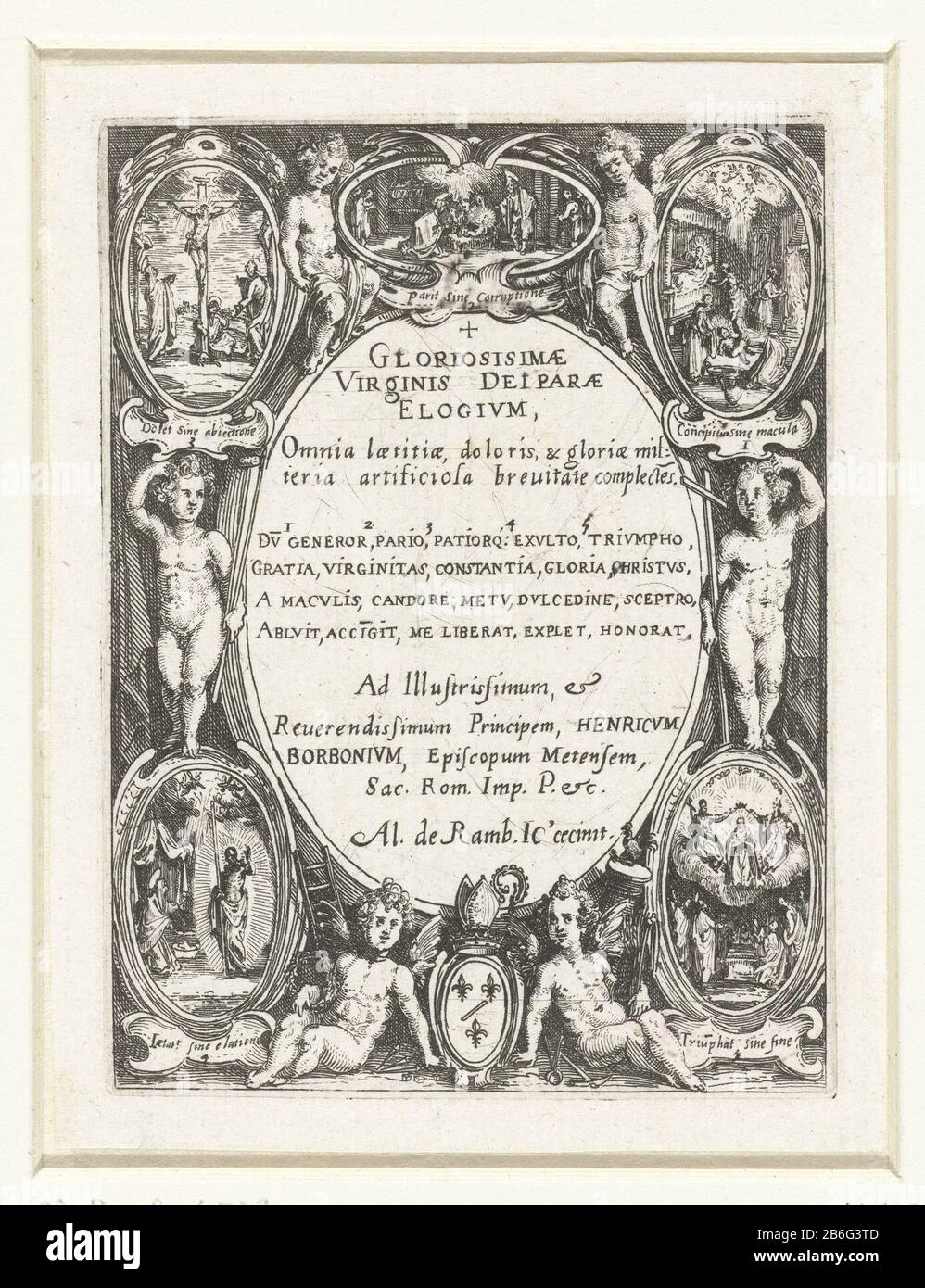 Cartouche ovale avec texte latin, Où: Autour de six putti, cinq médaillons avec des scènes de la vie de Marie et un manteau d'armes. Les scènes narratives concernent de haut en bas à droite (dans le sens inverse des aiguilles d'une montre): Naissance de Marie, Nativité, Crucifixion, Christ est apparu après sa mort à Marie, Assomption et Coronation de Maria. Fabricant : printmaker Jacques CallotPlaats fabrication: Nancy Date: 1621 - 1633 Caractéristiques physiques: Matériel de gravure: Technique du papier: Dimensions de gravure: Bord de la plaque: H 99 mm × W 74 mm Sujet: Série de scènes de la vie de Marie naissance de Maryadoration du Christ-enfant Banque D'Images