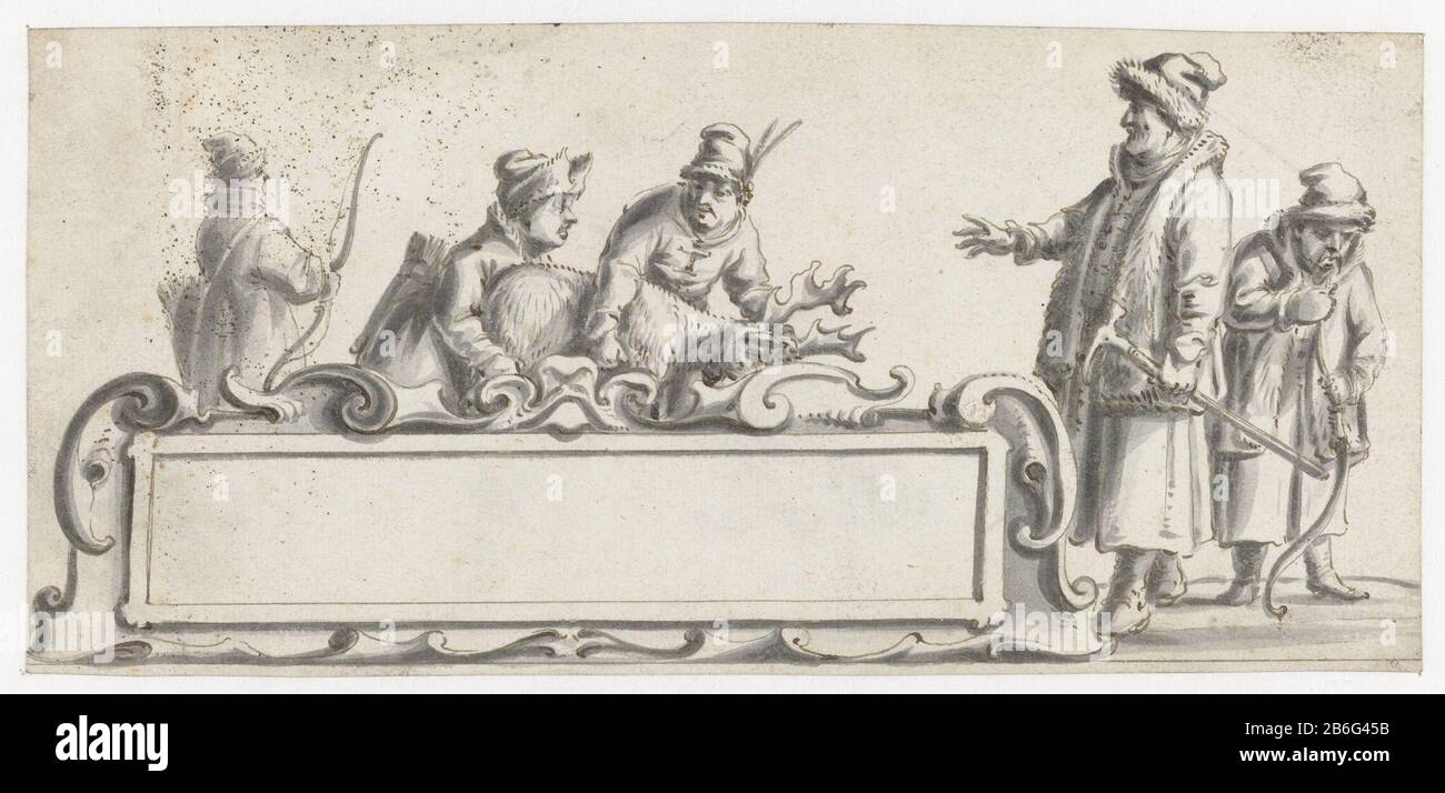 Cartouche avec cinq rabats et tir un cerf ou un renne Ébauche. Fabricant : Artiste: Pieter Jansz. Datation: 1630 - 1672 Caractéristiques physiques : stylo en marron, pinceau en gris, doorgegriffeld matériel: Encre papier technique: Stylo / pinceau / par griffle dimensions: H 92 mm × W 198 mm Objet: Recherche d'animaux à accrochage (AVEC NOM)  autres mammadstag-huntingEuropéens (avec NOM)  cartouche d'ornement Banque D'Images