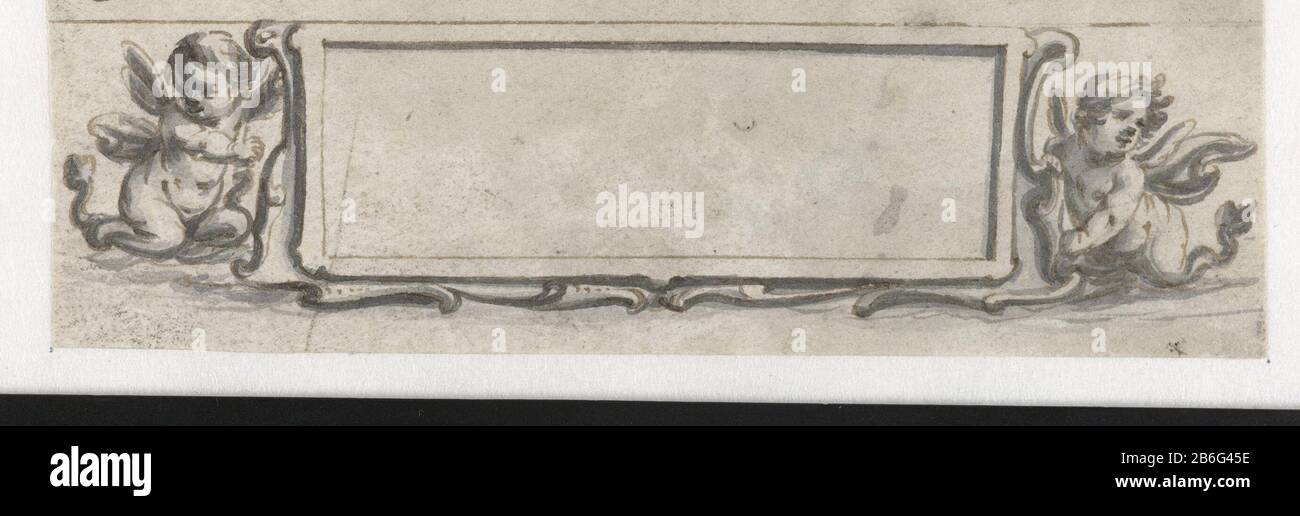 Cartouche avec deux putti Draft prent. Fabricant : Artiste: Pieter Jansz. Datation: 1630 - 1672 Caractéristiques physiques: Stylo à encre brune en gris, doorgegriffeld matériel: Encre papier technique: Stylo / pinceau / par dimensions grifflope: H 35 mm × W 113 mm Objet: Cupids: 'Amores',' amoretti ','  putti'ornement cartouche Banque D'Images