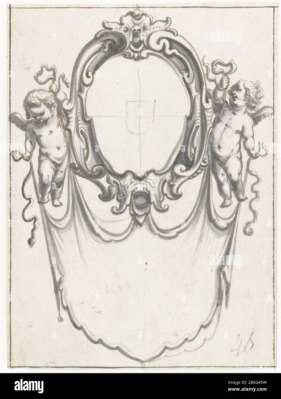 Cartouche avec deux putti avec un Drapery Draft prent. Fabricant : artiste: Pieter Jansz. Rapporteur pour avis: Jan de Bray (rejet de l'attribution) date: 1630 - 1672 Caractéristiques physiques: Stylo en marron, pinceau en gris, doorgegriffeld matériel: Encre papier technique: Stylo / pinceau / par grifflope dimensions: H 154 mm × W 114 mm Objet: Cupids: 'Amores',' amoretti ',' putti'ornement  Banque D'Images